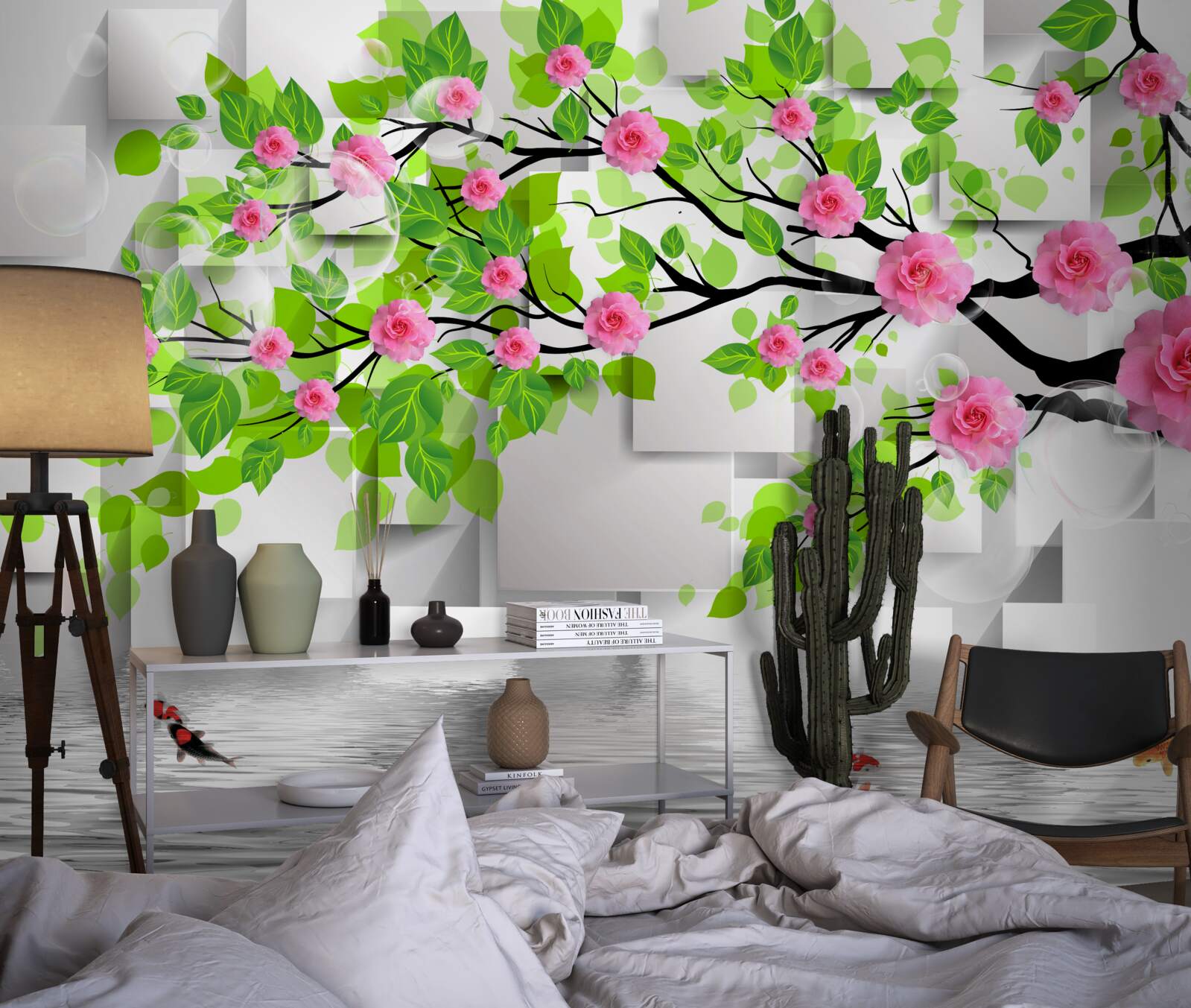 Papier peint roses roses fleurissant sur une branche