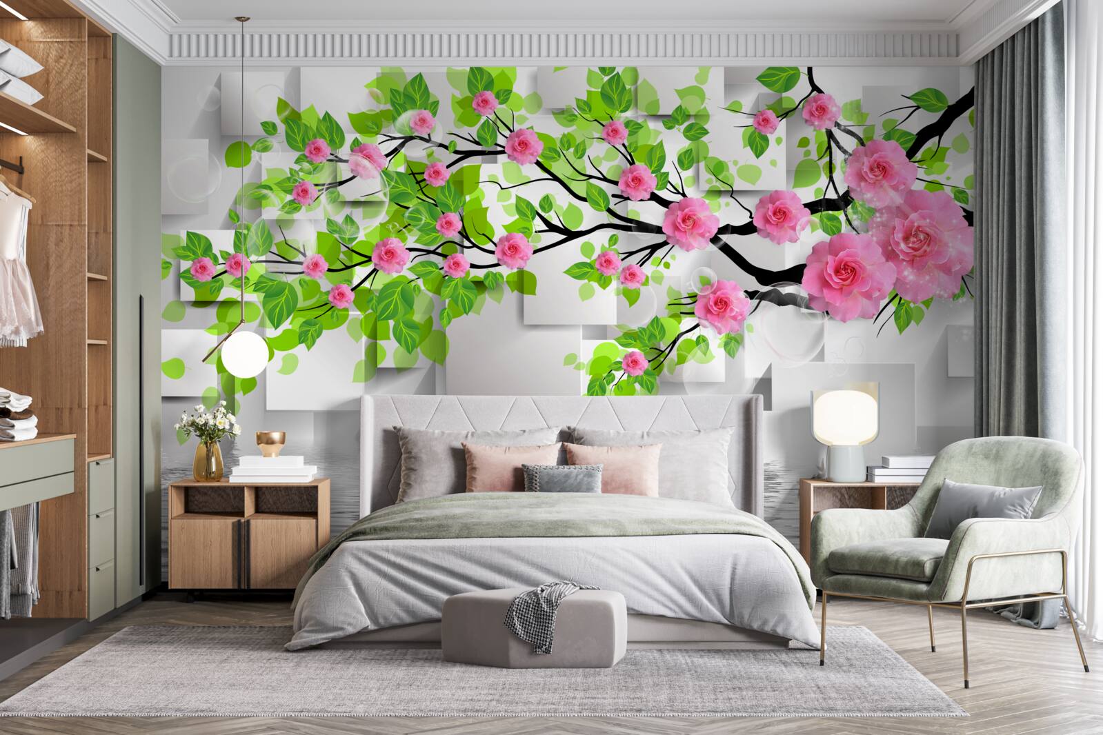 Papier peint roses roses fleurissant sur une branche