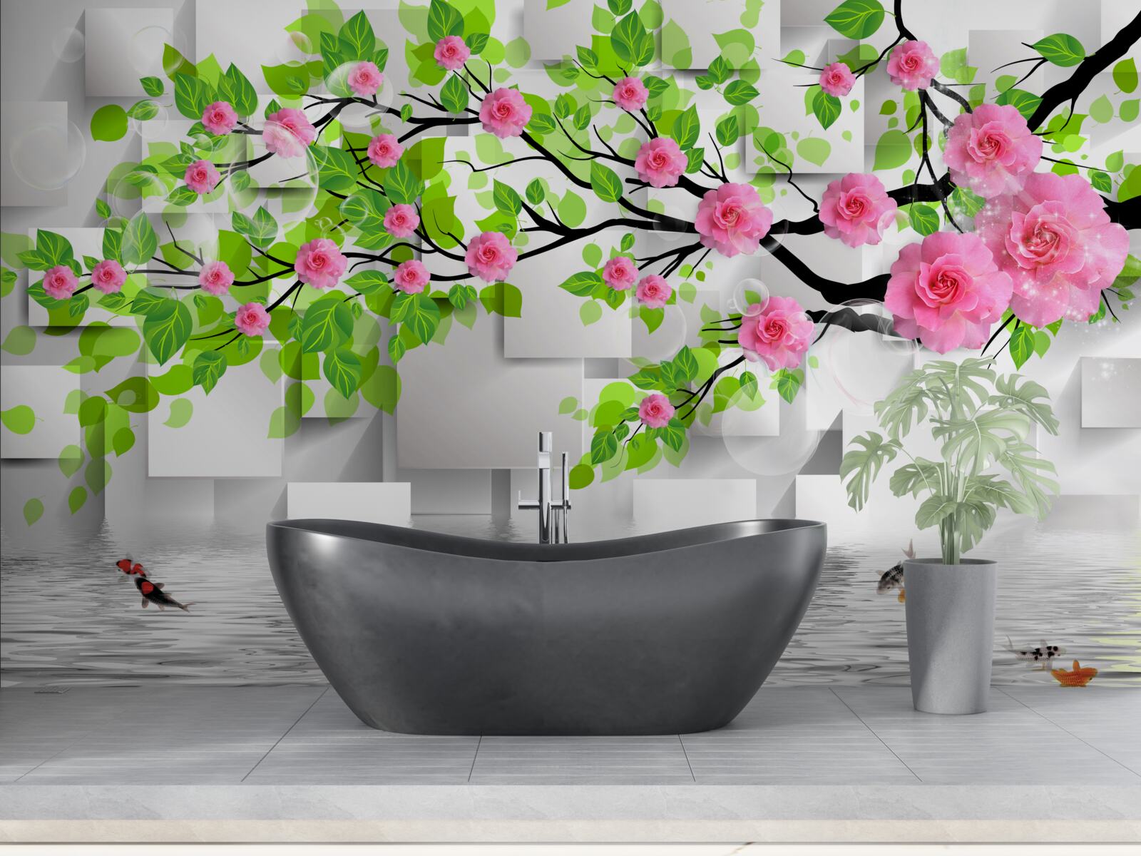 Papier peint roses roses fleurissant sur une branche