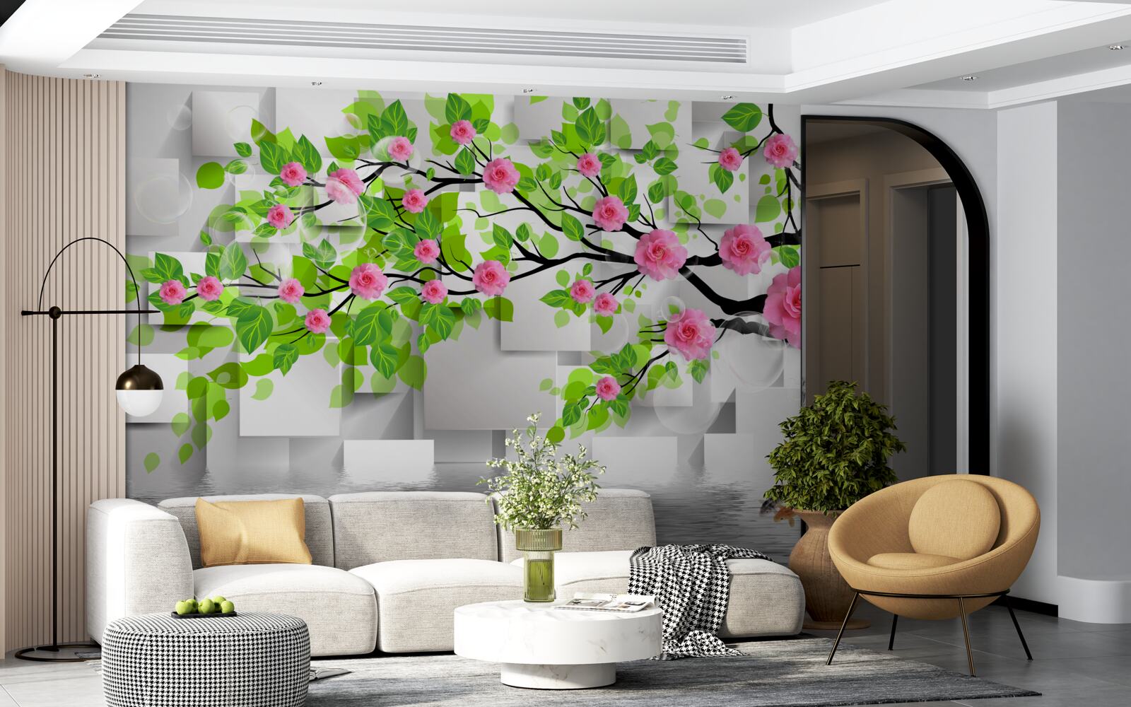 Papier peint roses roses fleurissant sur une branche