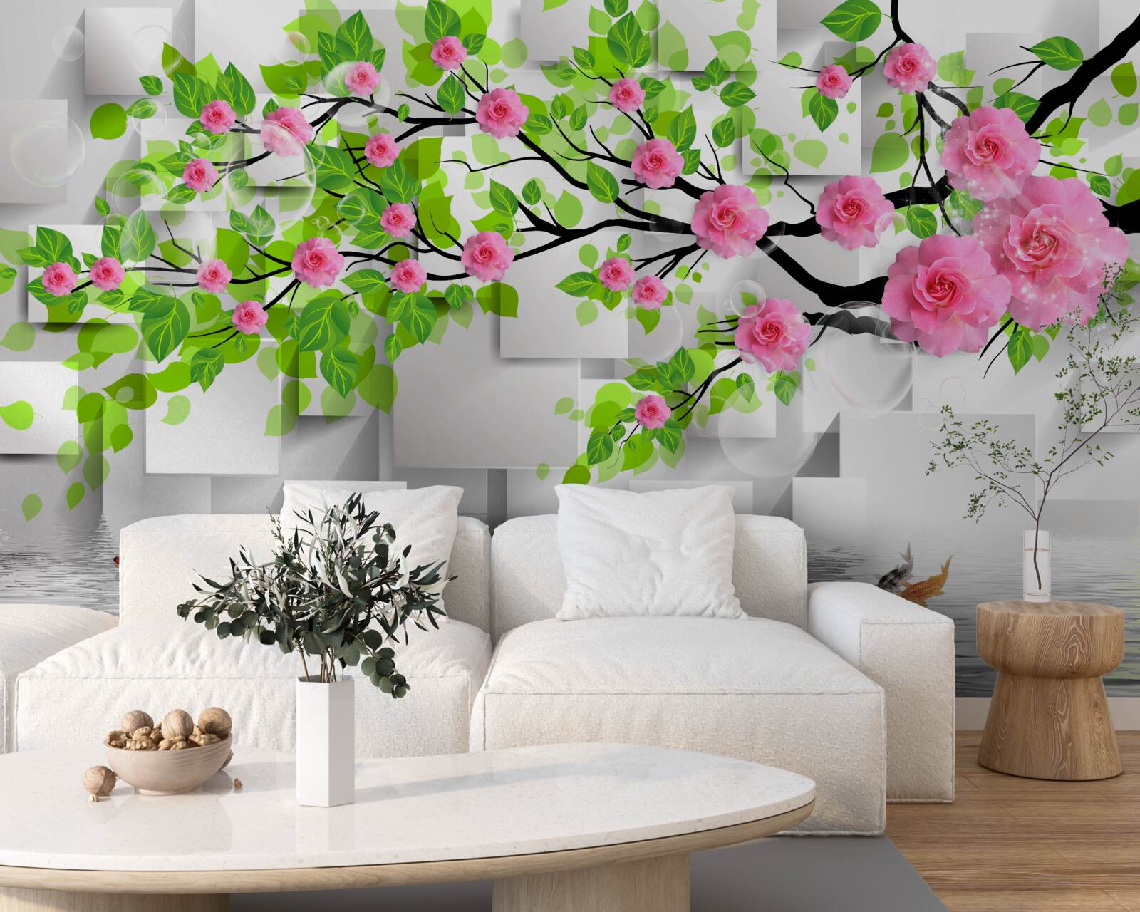 Papier peint roses roses fleurissant sur une branche