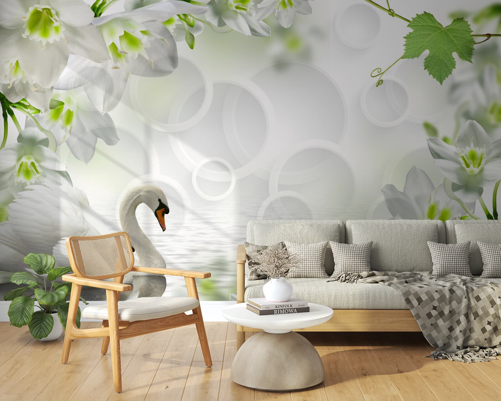 Papier peint fleurs blanches sur un lac parmi les cygnes