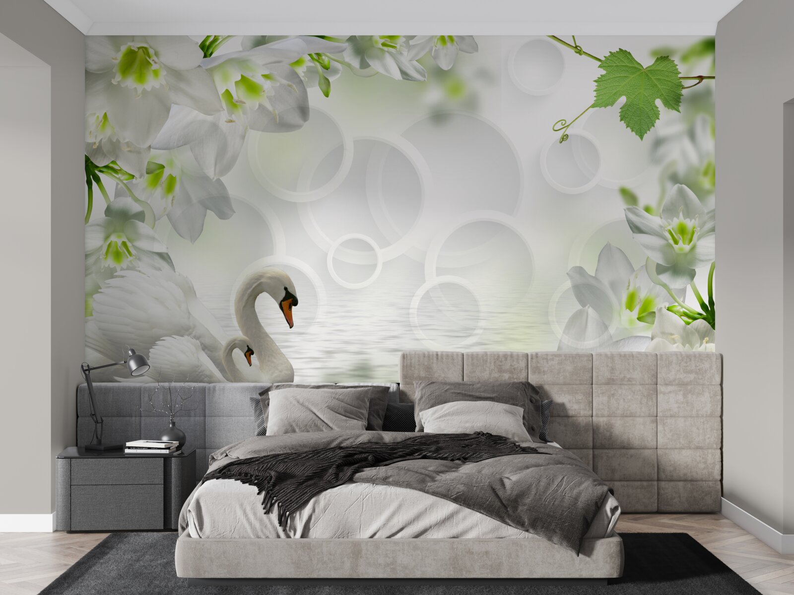Papier peint fleurs blanches sur un lac parmi les cygnes