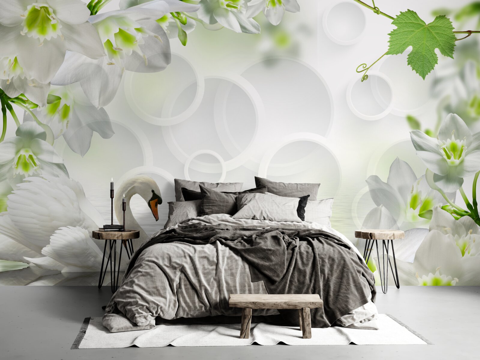 Papier peint fleurs blanches sur un lac parmi les cygnes