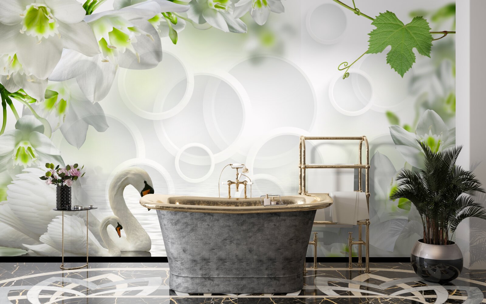 Papier peint fleurs blanches sur un lac parmi les cygnes