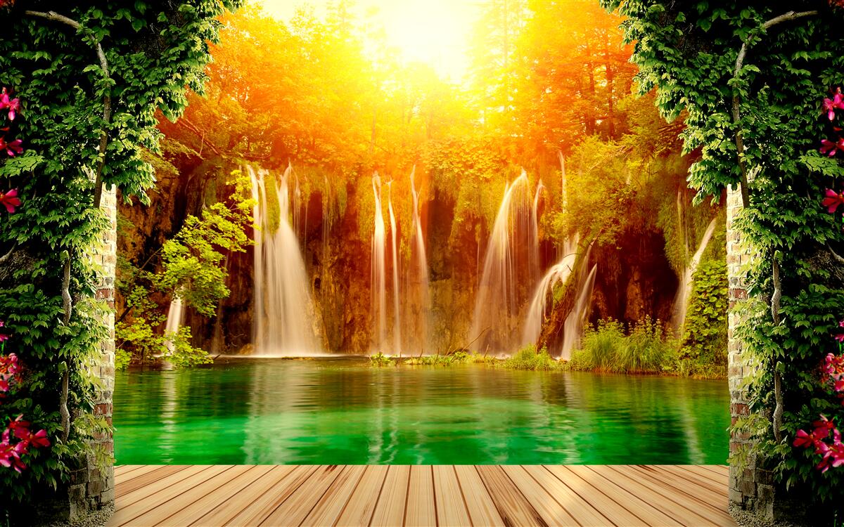 Papier peint incroyable coucher de soleil près d'une chute d'eau