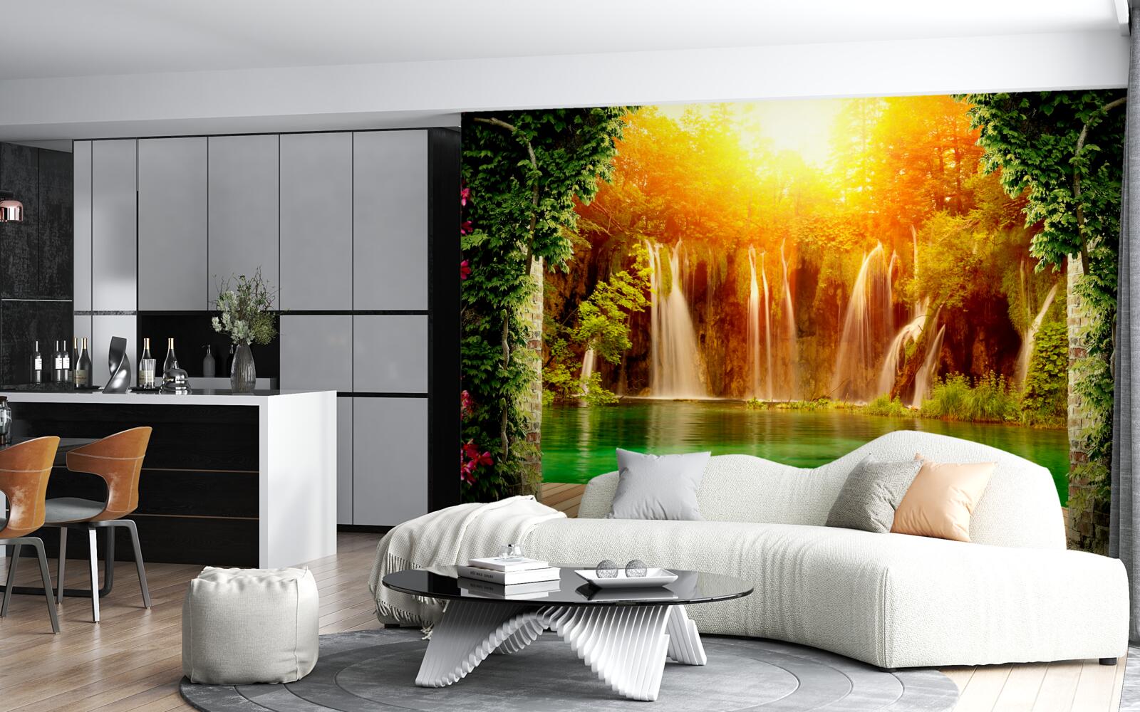 Papier peint incroyable coucher de soleil près d'une chute d'eau