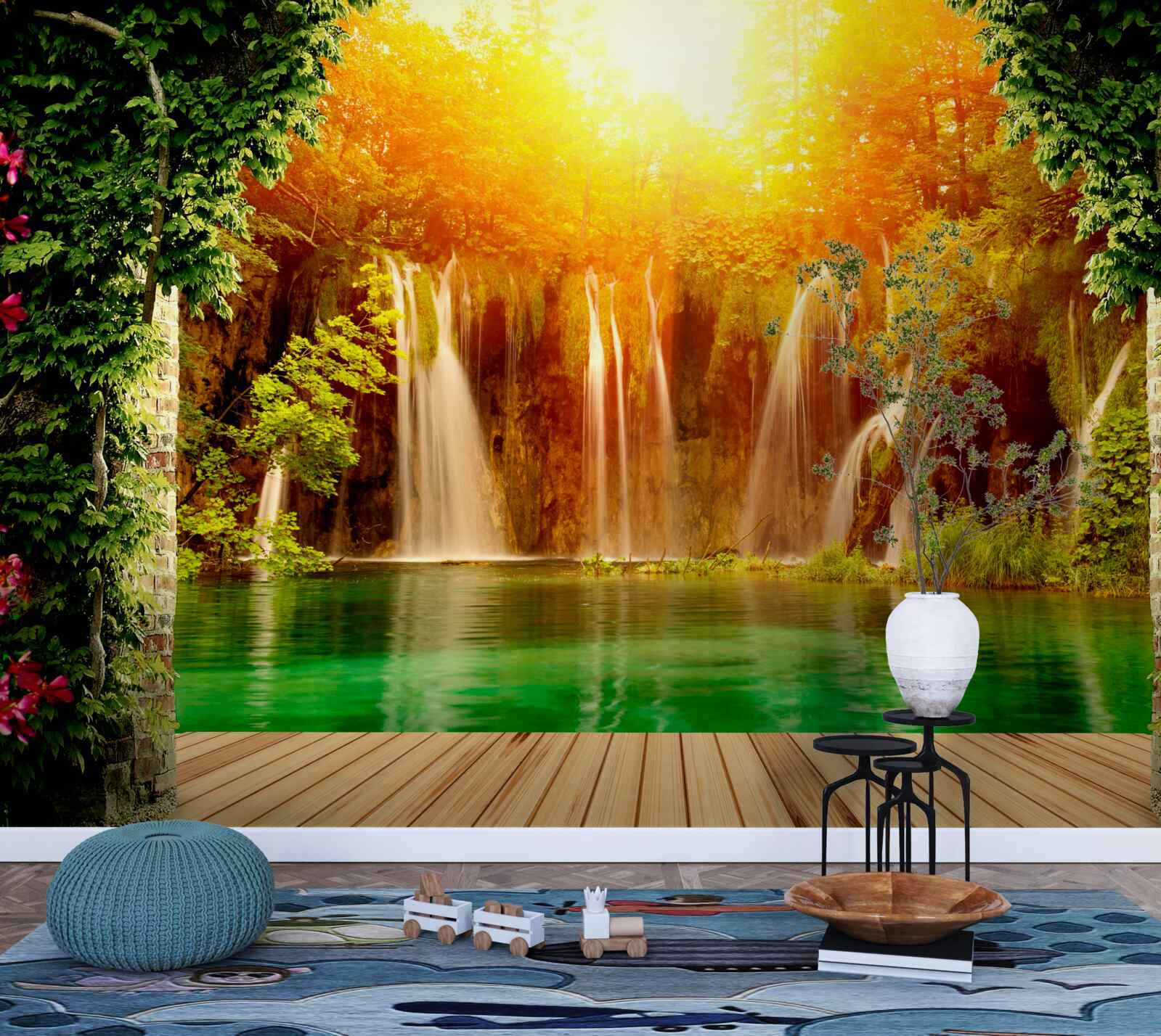 Papier peint incroyable coucher de soleil près d'une chute d'eau