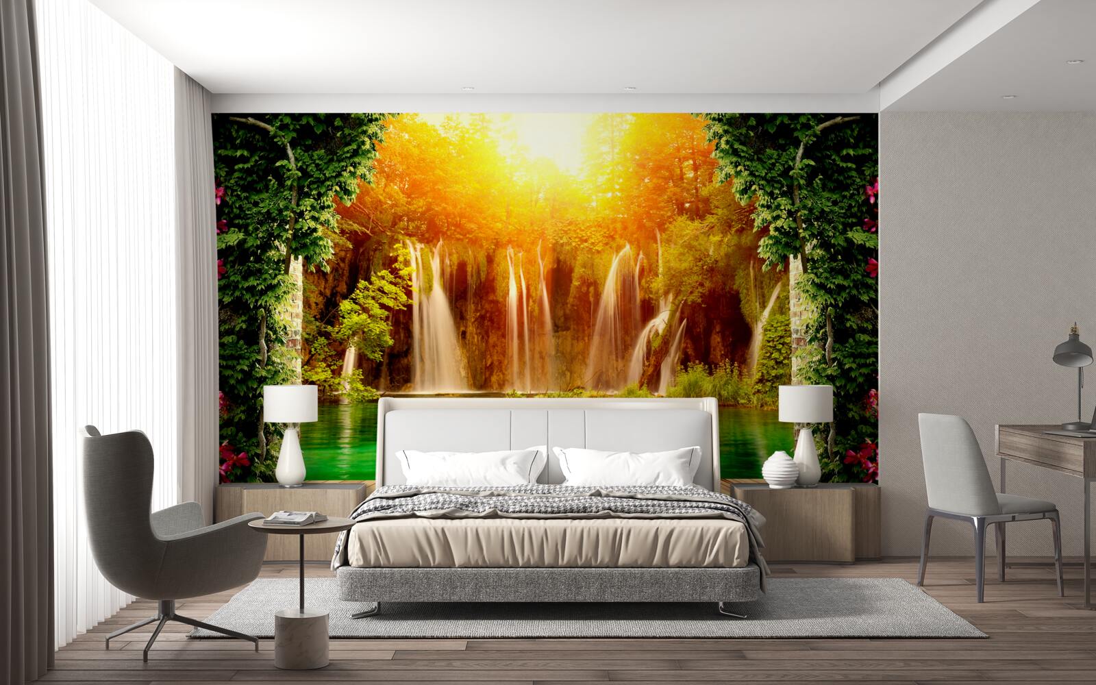 Papier peint incroyable coucher de soleil près d'une chute d'eau