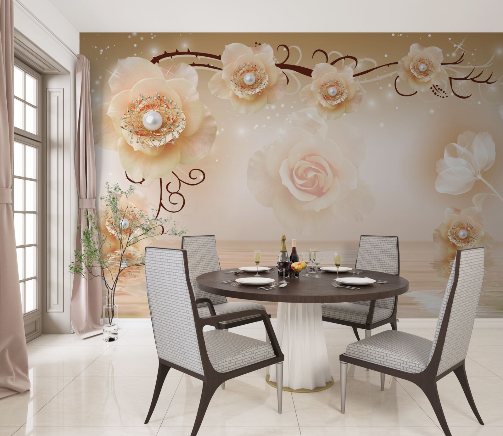 Papier peint roses blanches perlées