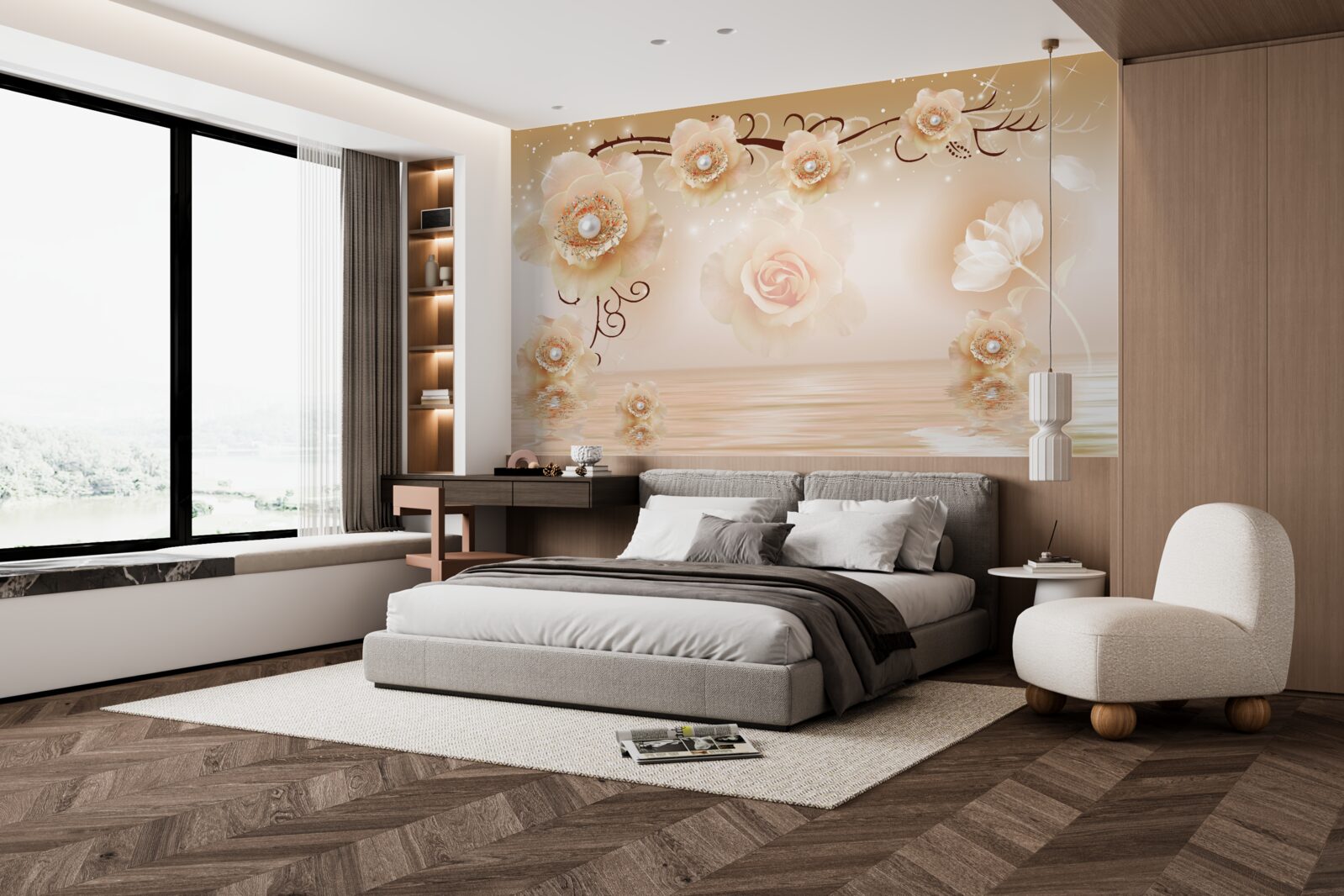 Papier peint roses blanches perlées