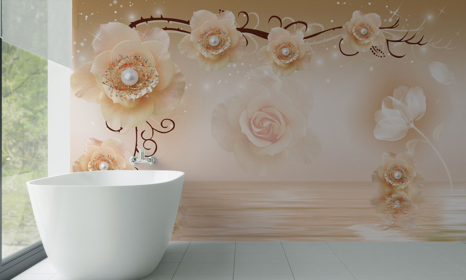 Papier peint roses blanches perlées