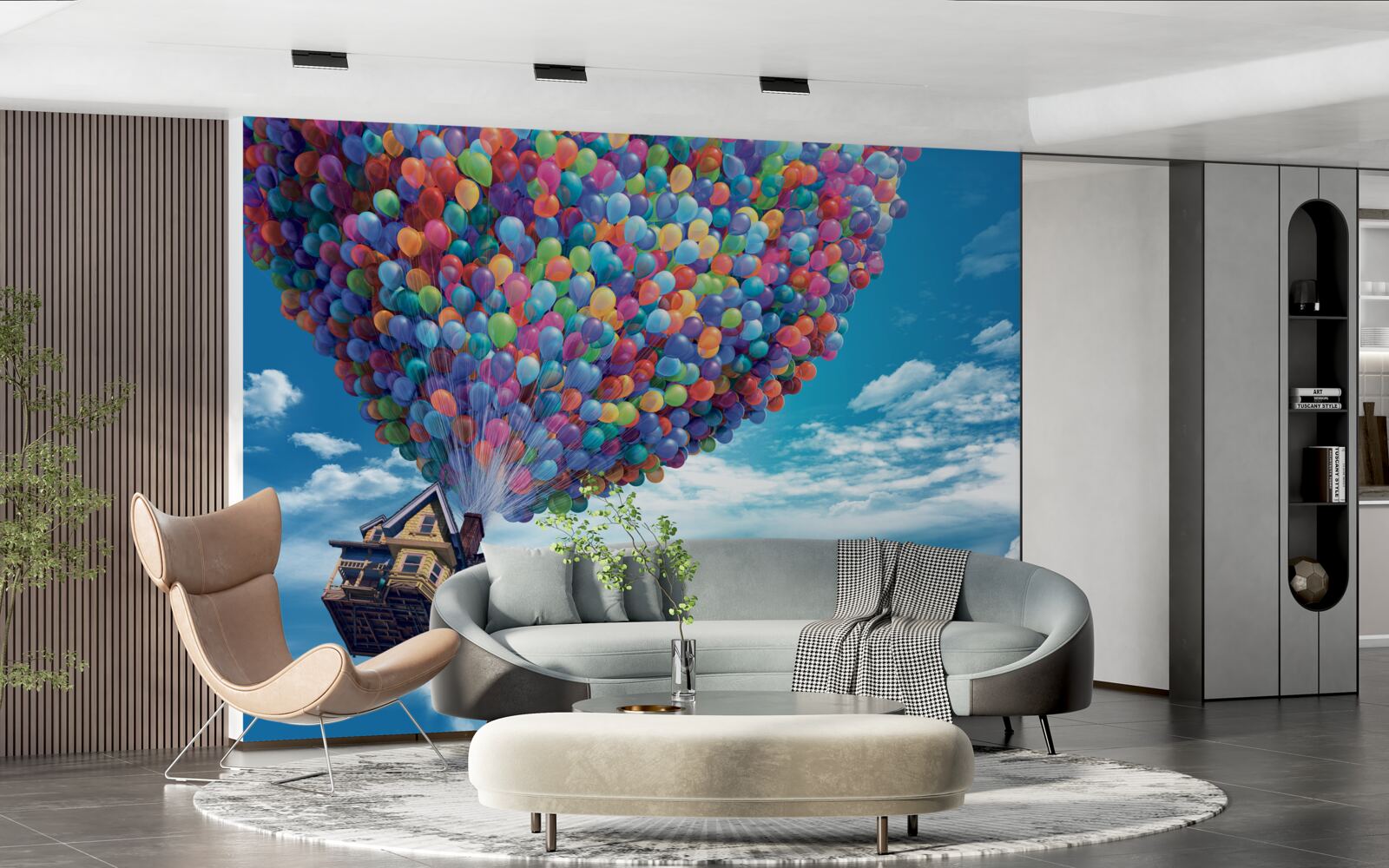 Papier peint une maison avec de nombreuses balles volantes