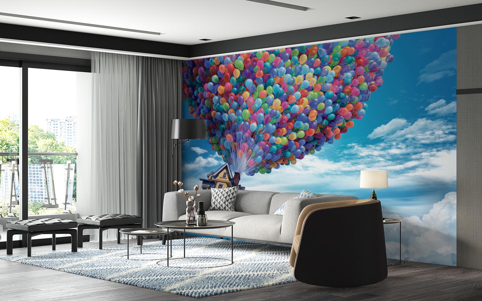 Papier peint une maison avec de nombreuses balles volantes