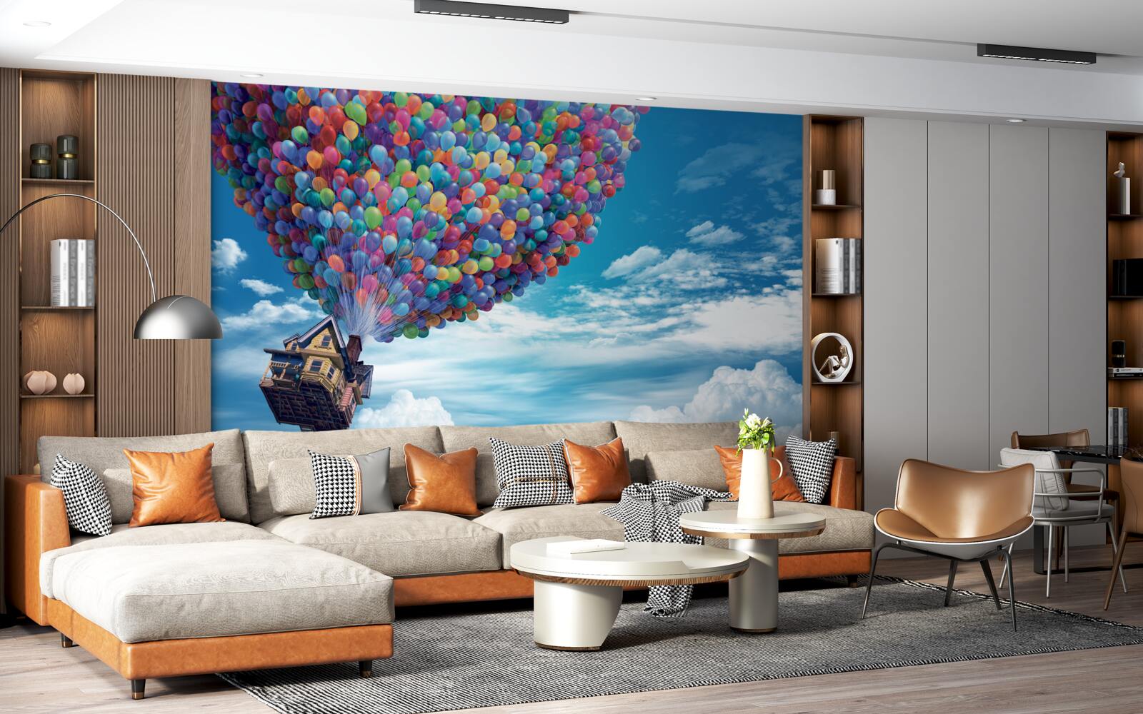 Papier peint une maison avec de nombreuses balles volantes