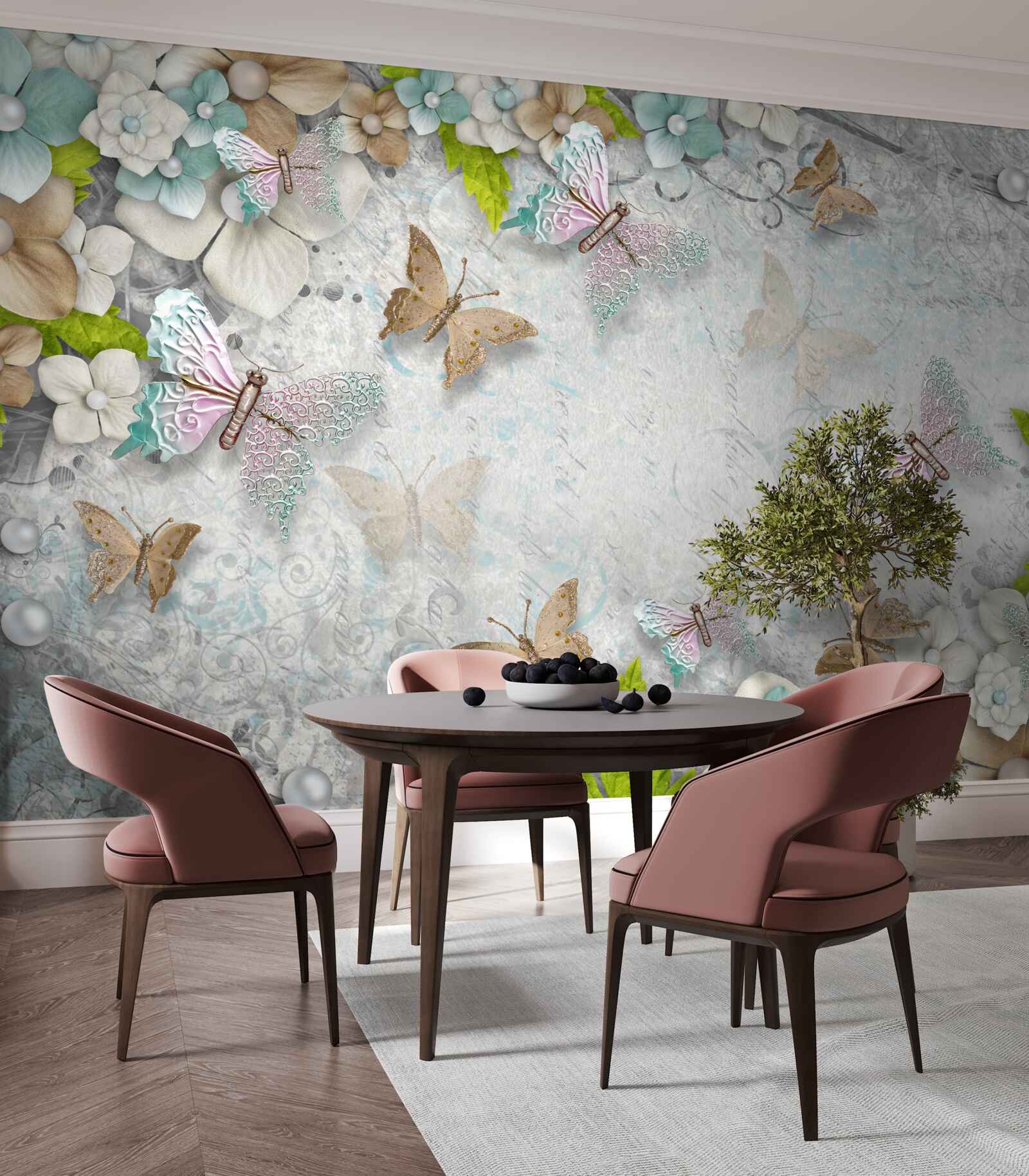 Papier peint fleurs et papillons