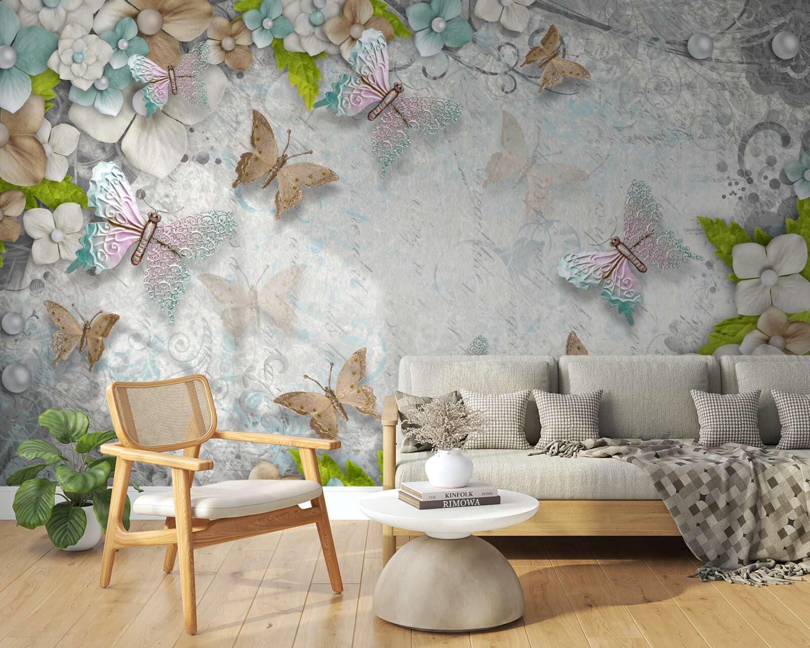 Papier peint fleurs et papillons