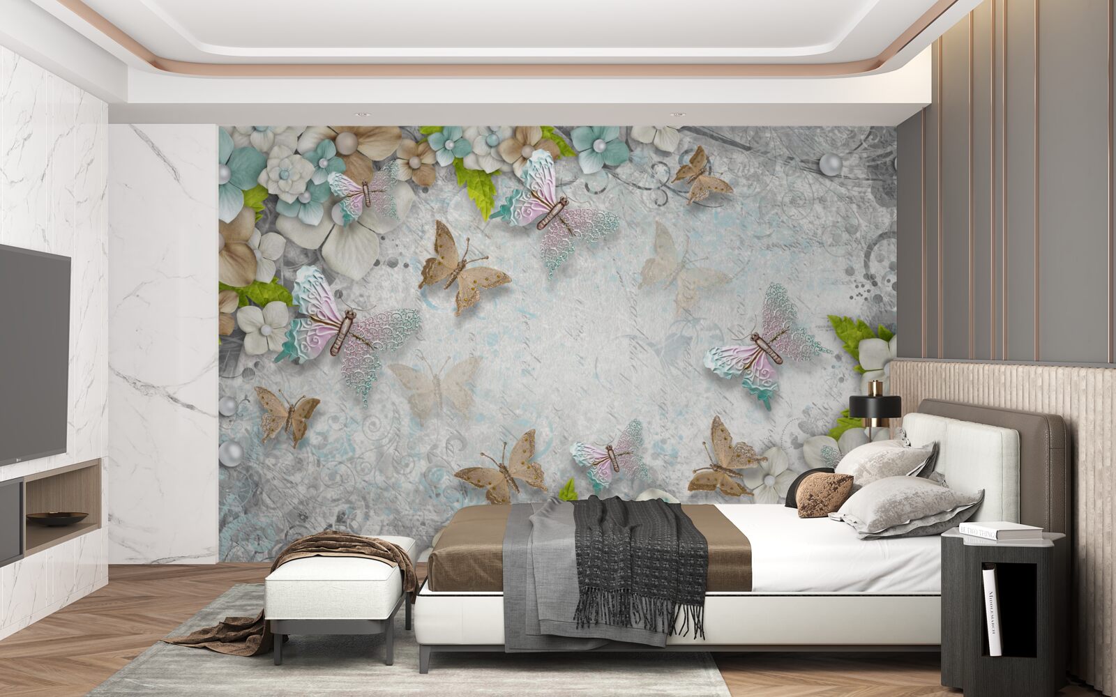 Papier peint fleurs et papillons