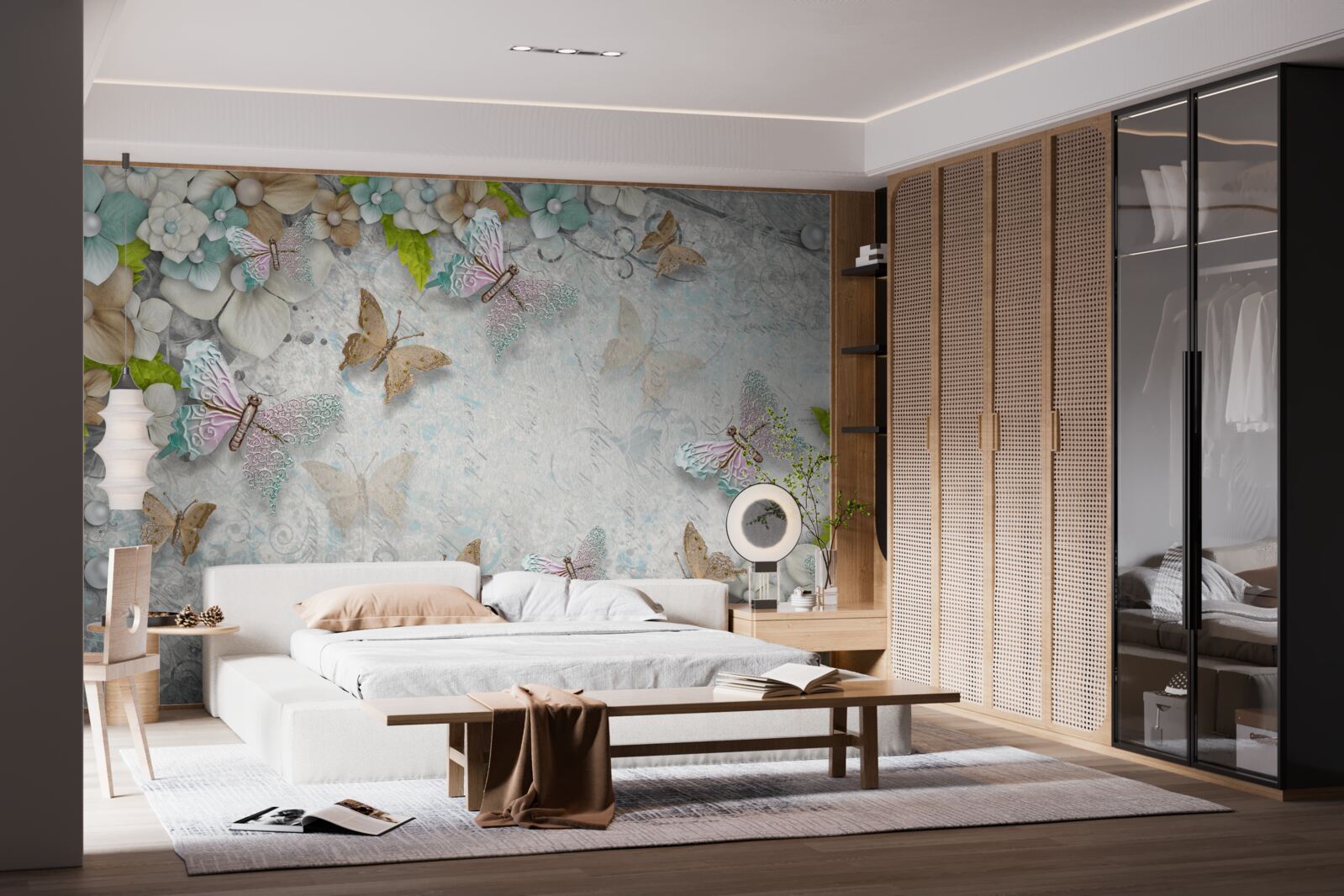 Papier peint fleurs et papillons