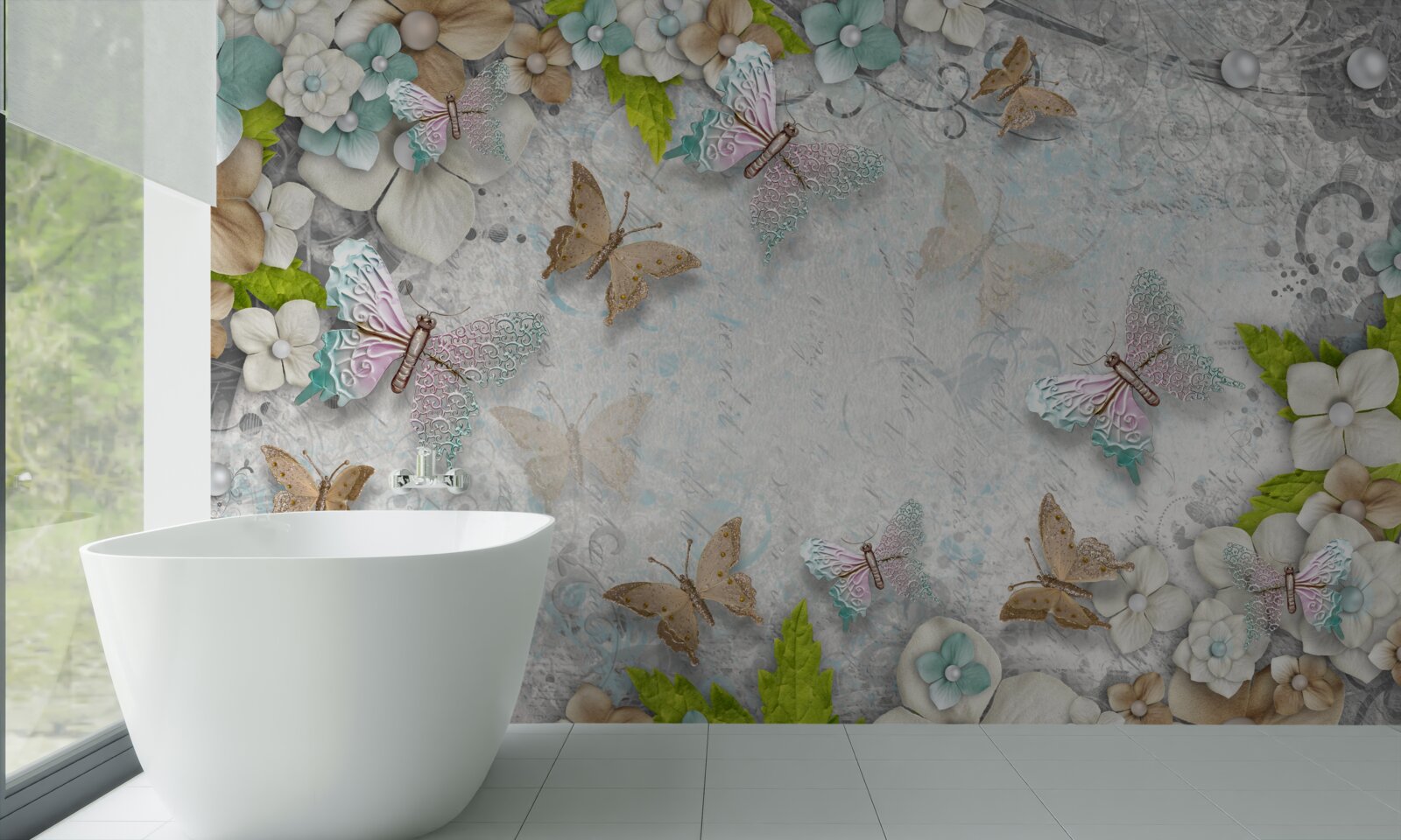 Papier peint fleurs et papillons