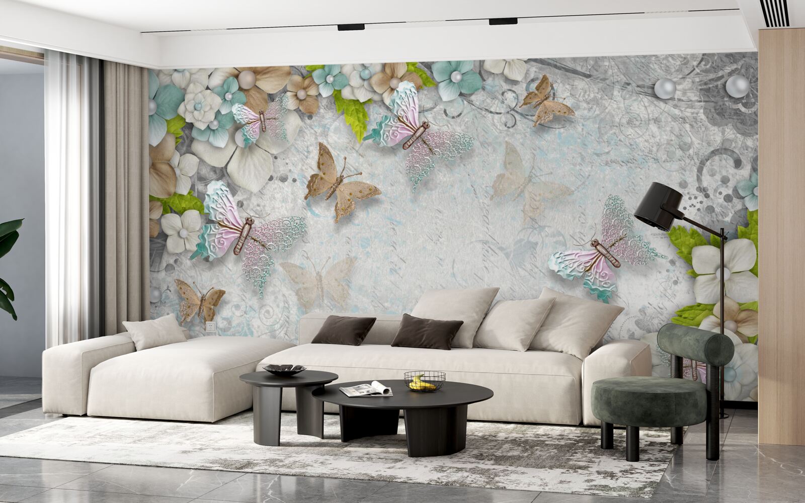 Papier peint fleurs et papillons