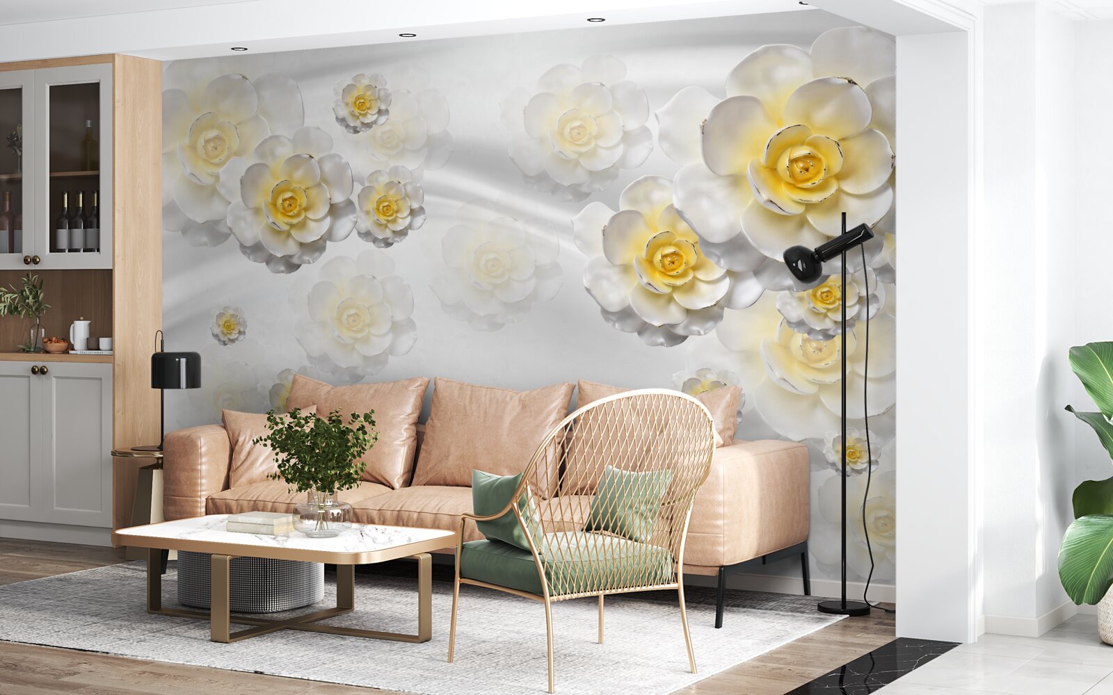 Papier peint les fleurs sont blanches comme la neige avec un centre jaunâtre