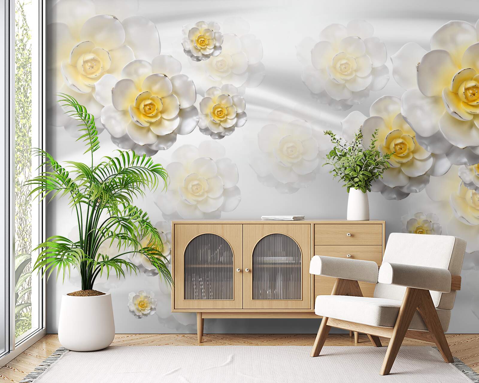 Papier peint les fleurs sont blanches comme la neige avec un centre jaunâtre