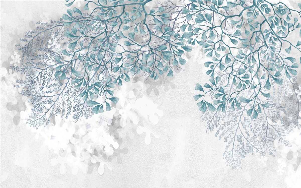 Papier peint les branches avec des feuilles turquoises sont visibles sur un fond clair