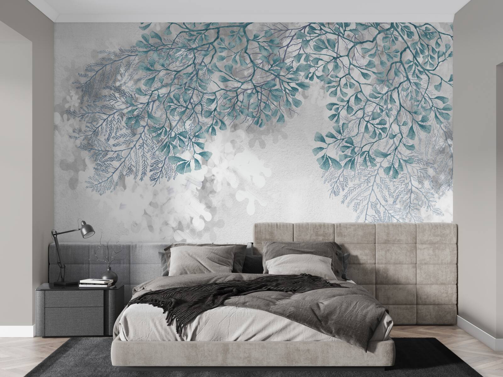 Papier peint les branches avec des feuilles turquoises sont visibles sur un fond clair