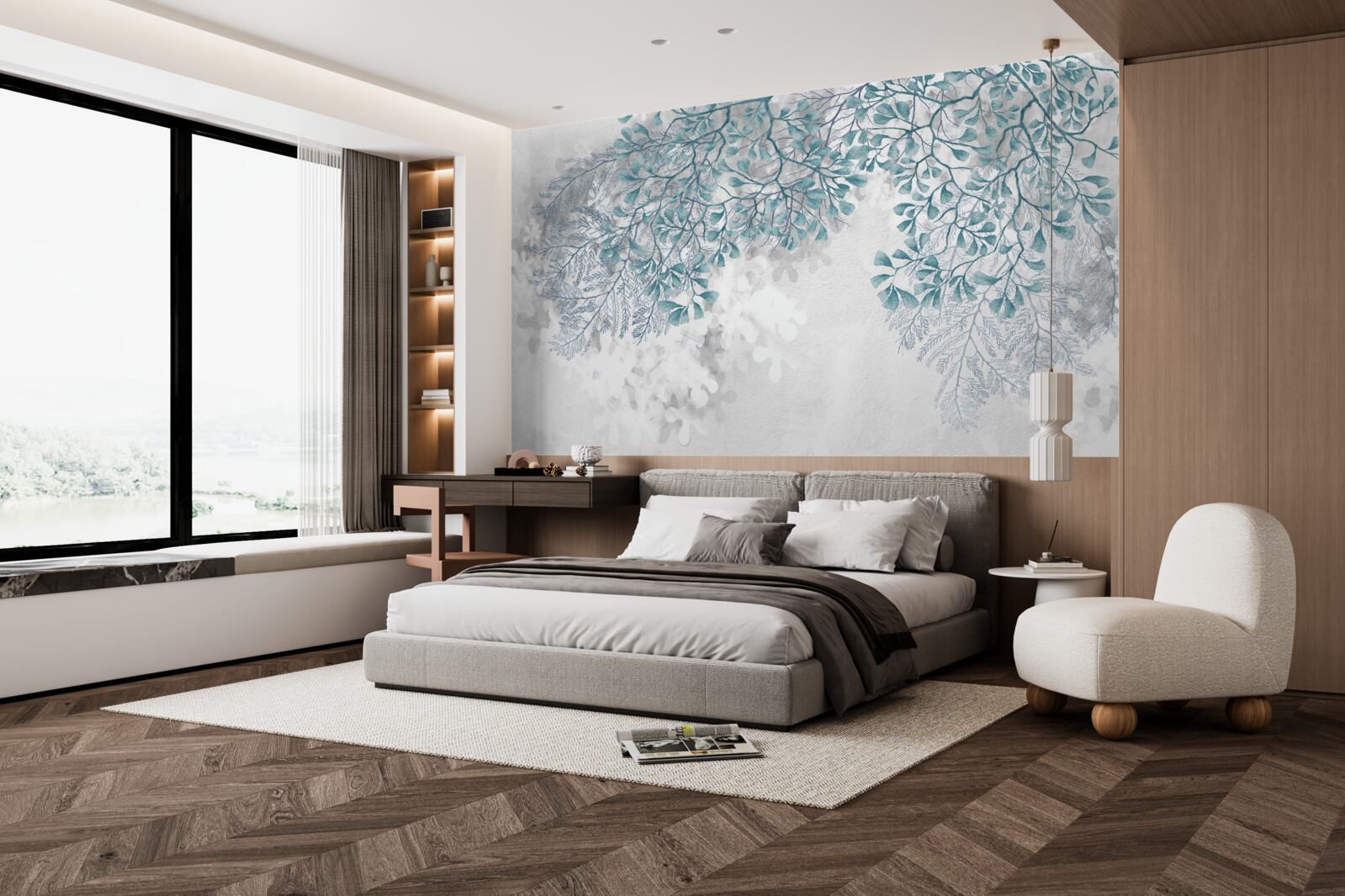 Papier peint les branches avec des feuilles turquoises sont visibles sur un fond clair