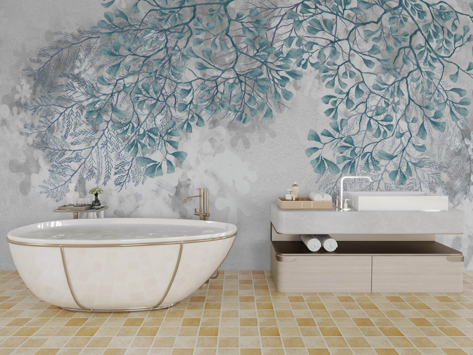 Papier peint les branches avec des feuilles turquoises sont visibles sur un fond clair