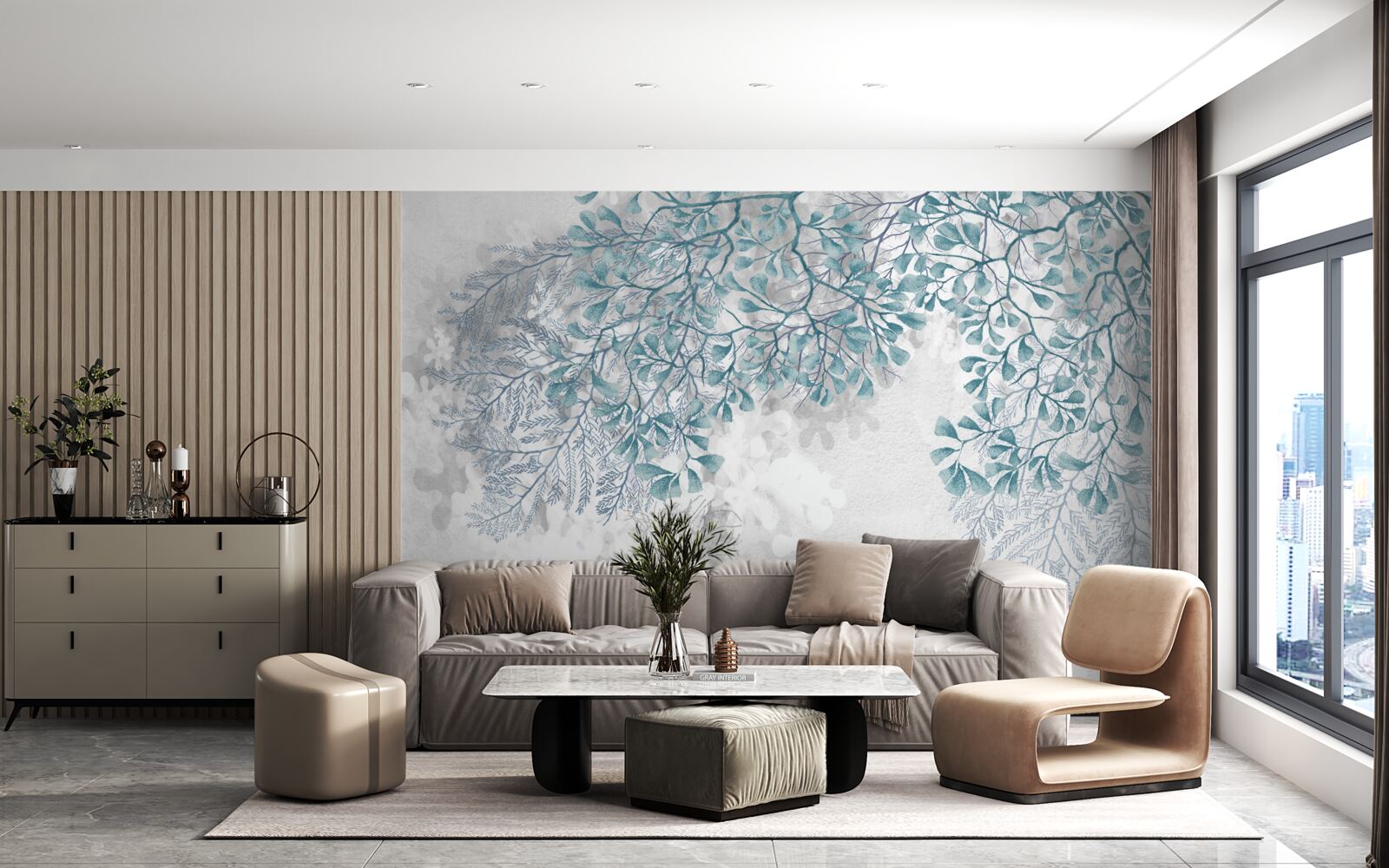 Papier peint les branches avec des feuilles turquoises sont visibles sur un fond clair