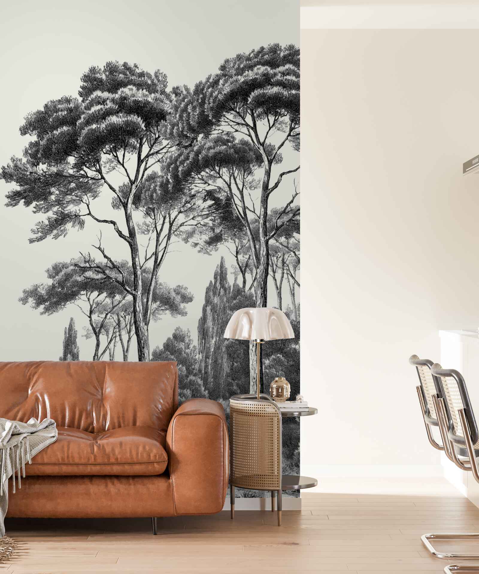 Papier peint pins d'italie en noir et blanc