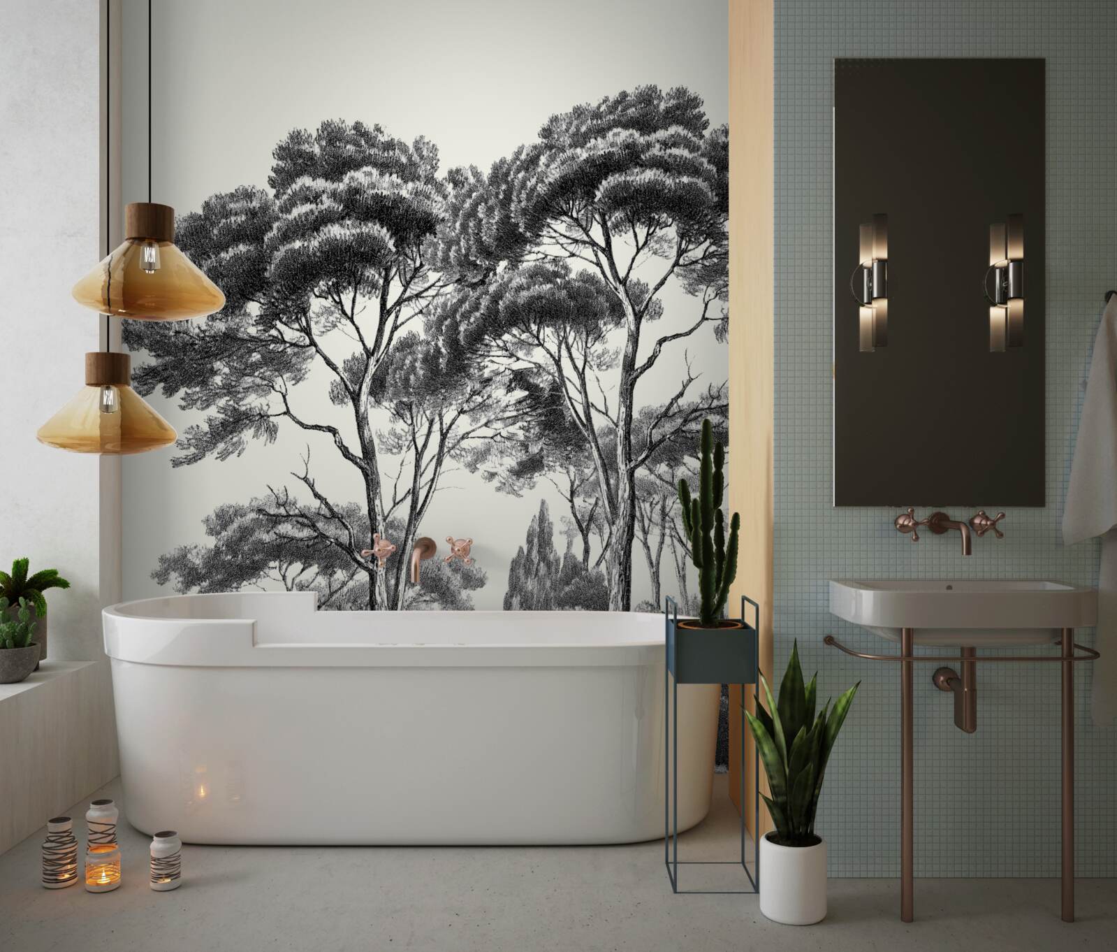 Papier peint pins d'italie en noir et blanc