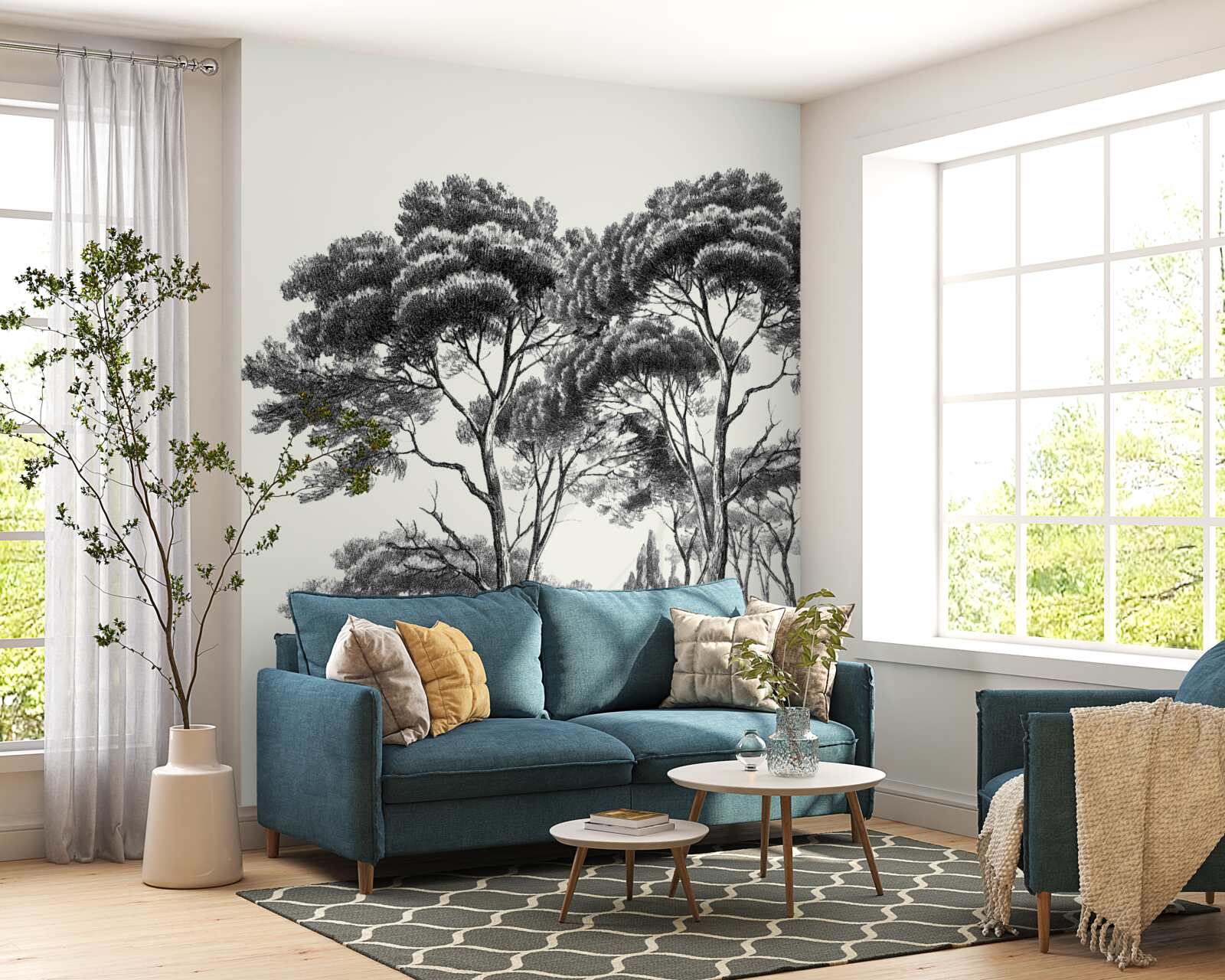 Papier peint pins d'italie en noir et blanc