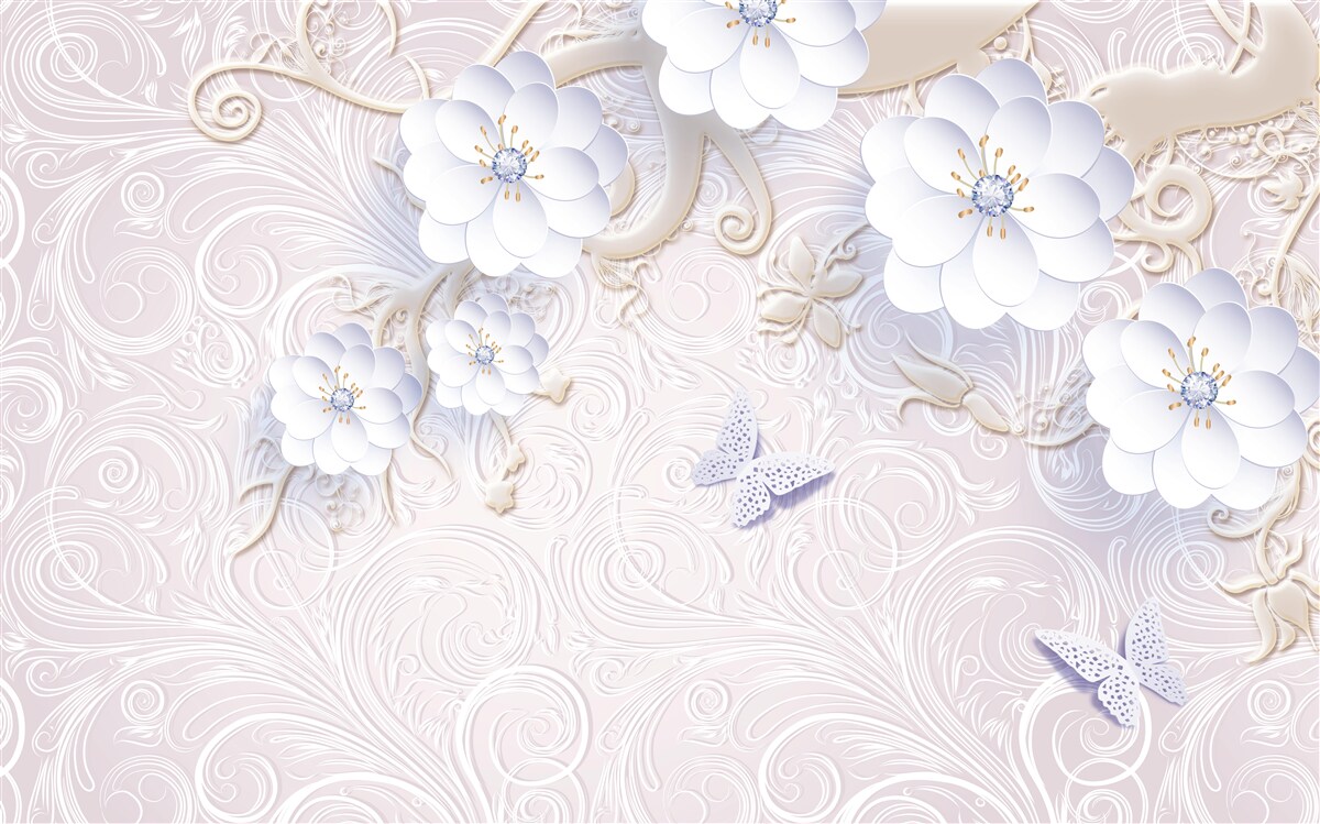 Papier peint des fleurs et des papillons blancs comme neige flottent dans l'air