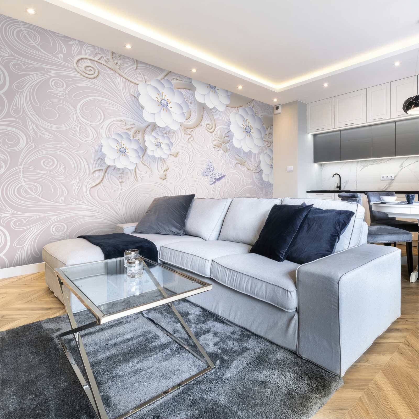 Papier peint des fleurs et des papillons blancs comme neige flottent dans l'air