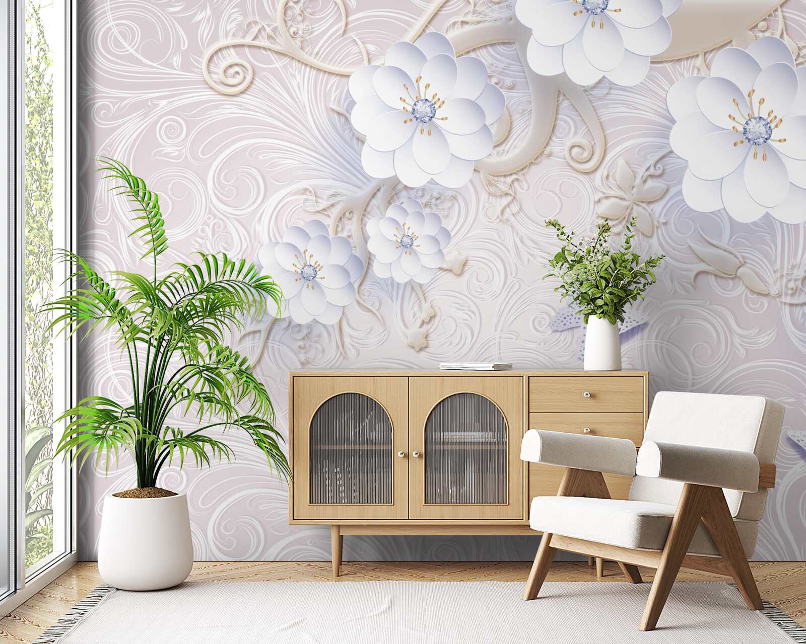 Papier peint des fleurs et des papillons blancs comme neige flottent dans l'air