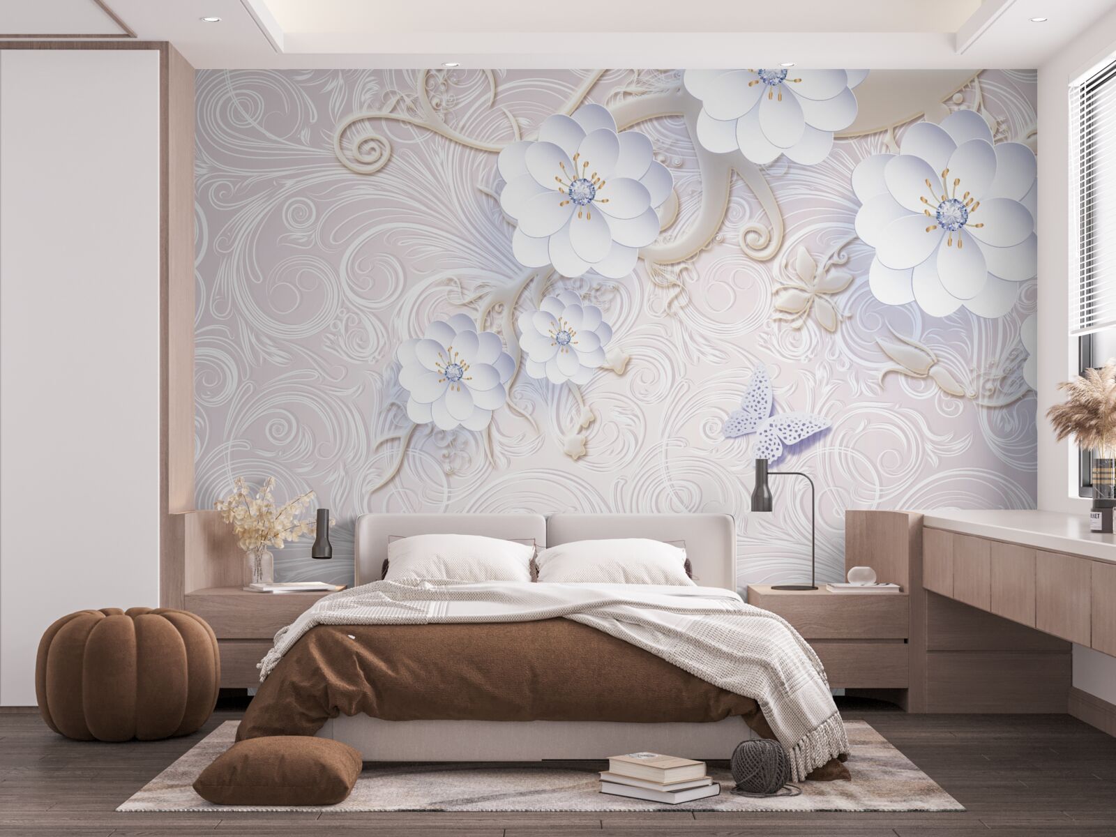 Papier peint des fleurs et des papillons blancs comme neige flottent dans l'air