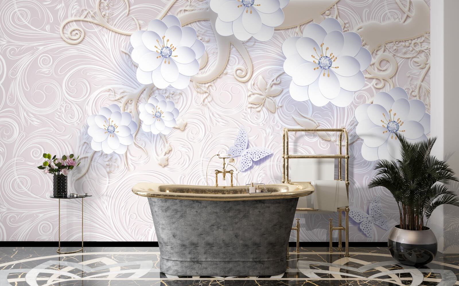 Papier peint des fleurs et des papillons blancs comme neige flottent dans l'air