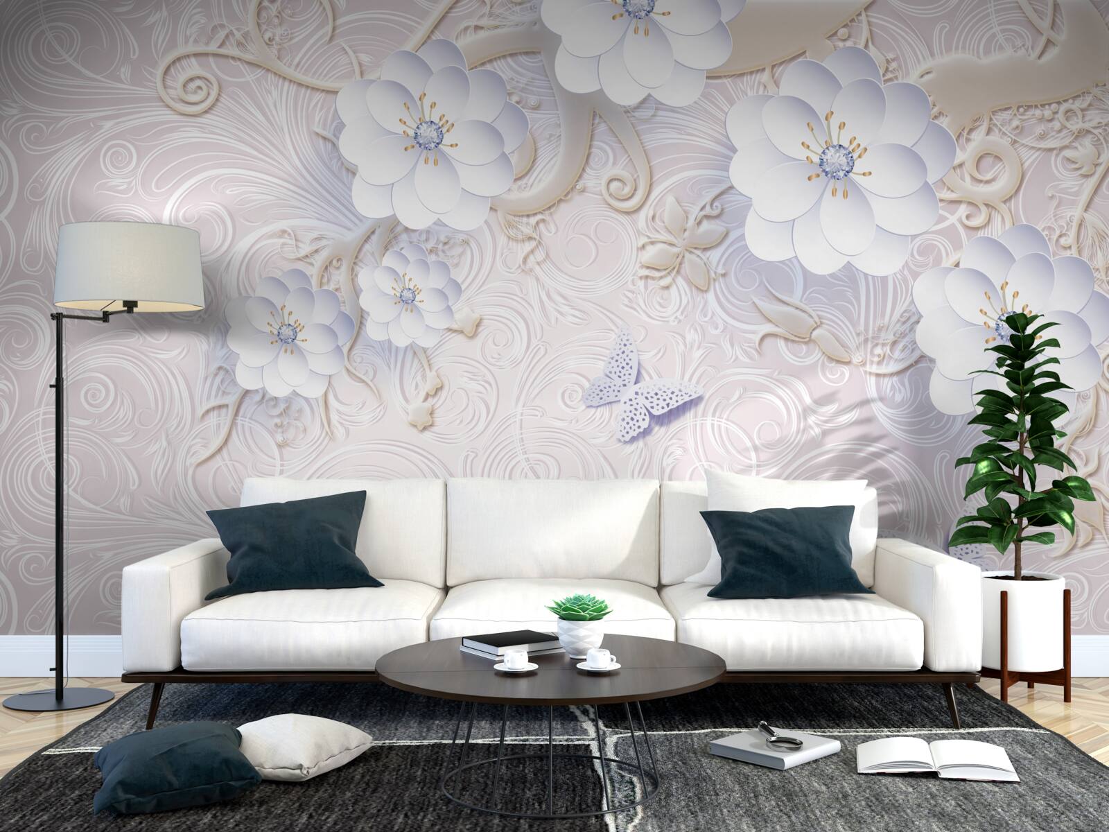 Papier peint des fleurs et des papillons blancs comme neige flottent dans l'air