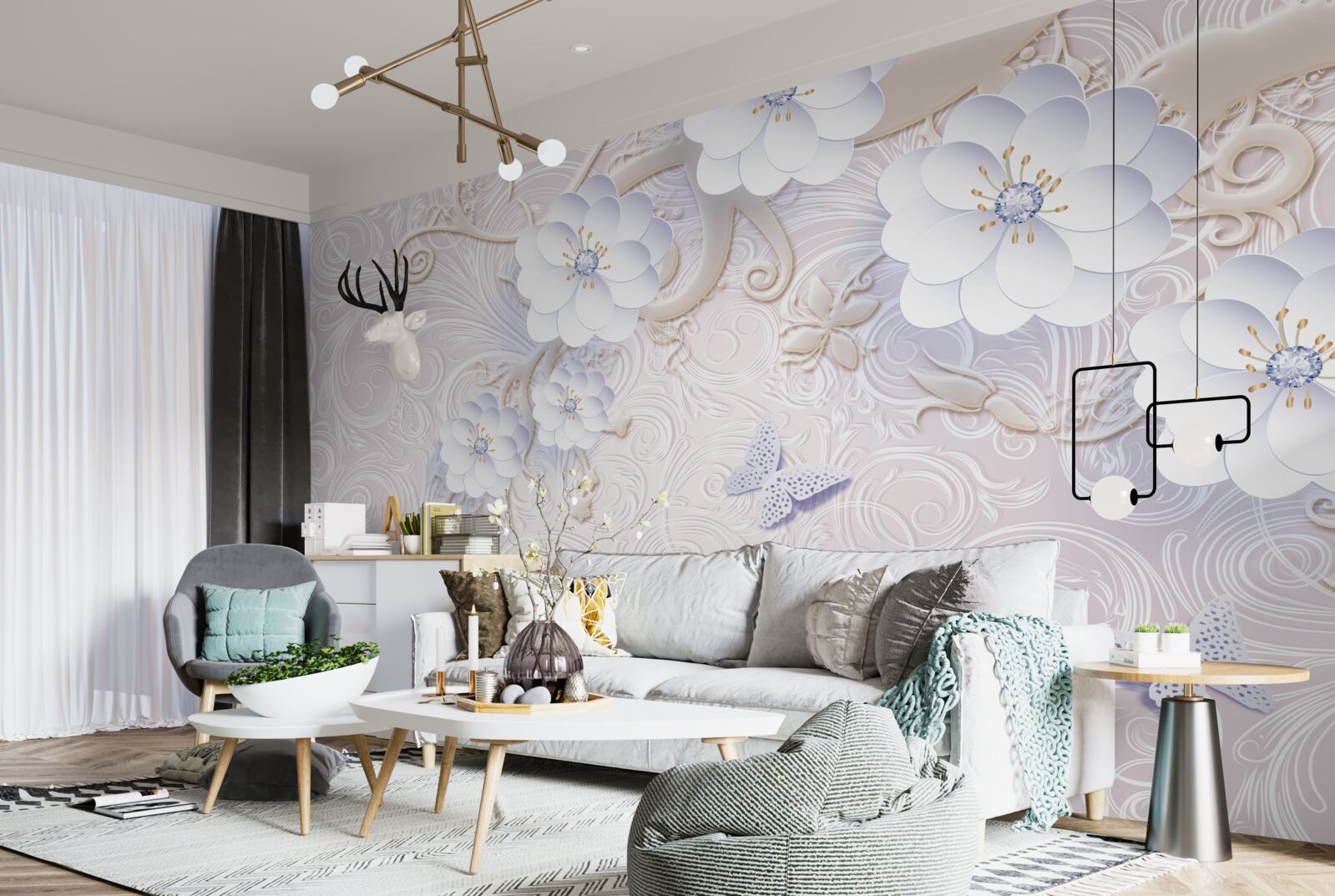 Papier peint des fleurs et des papillons blancs comme neige flottent dans l'air