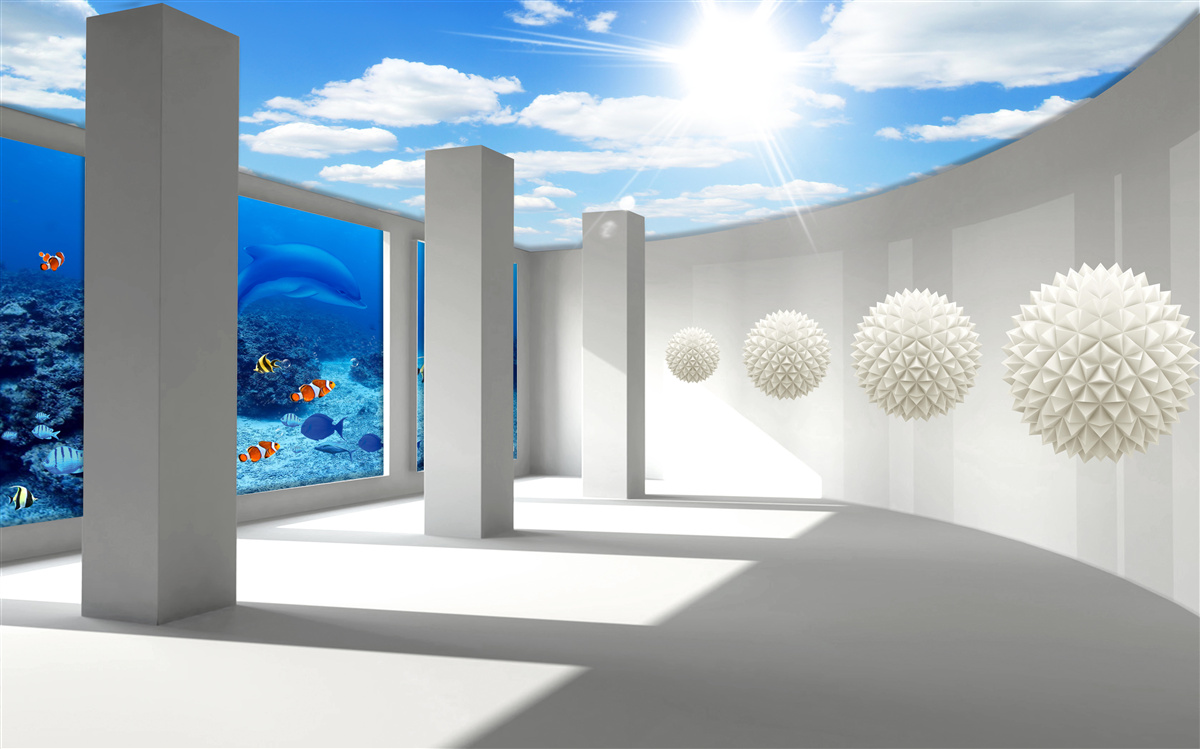 Papier peint Des sphères blanches tournent autour de l'aquarium sous le ciel voûté.