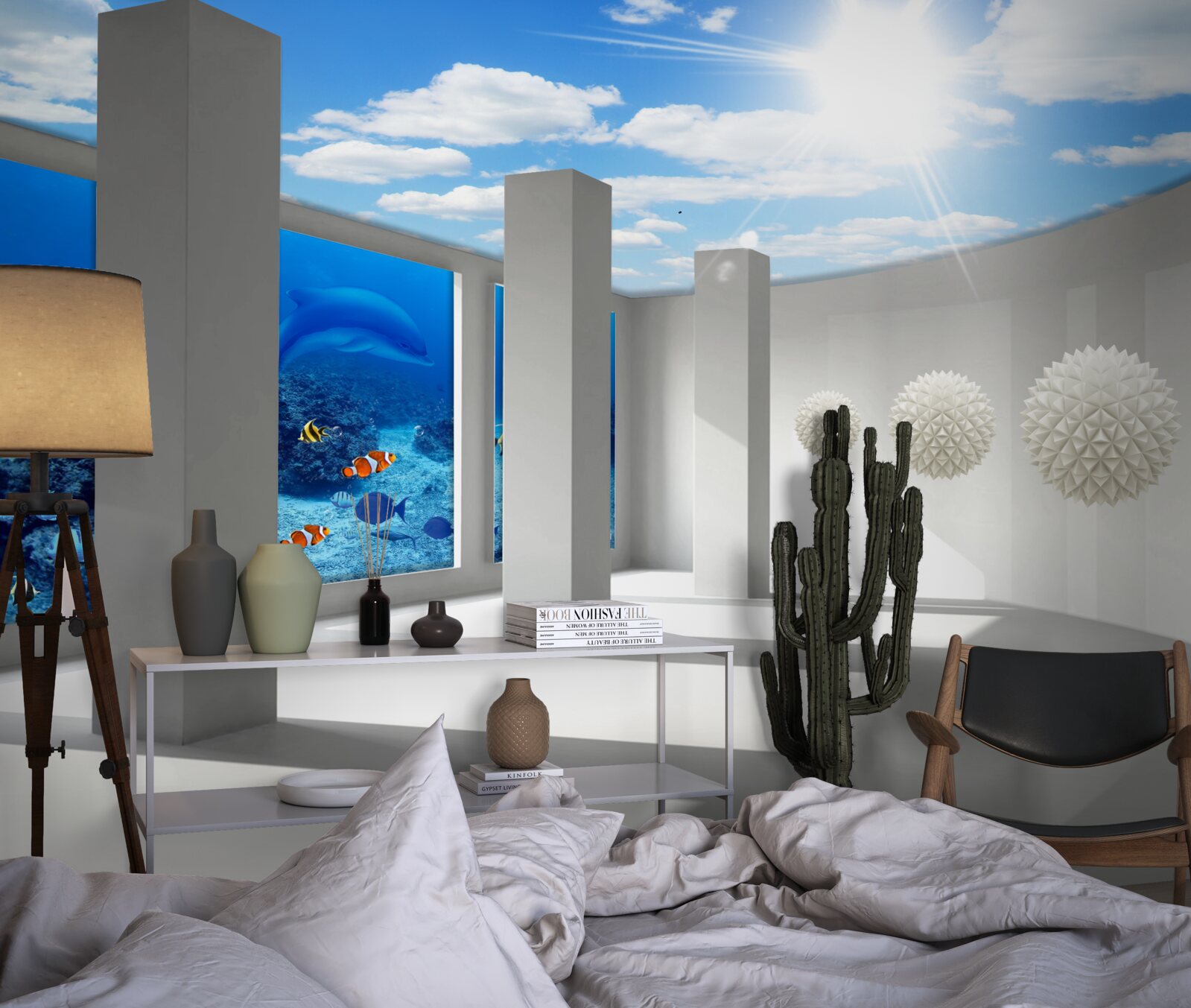 Papier peint Des sphères blanches tournent autour de l'aquarium sous le ciel voûté.