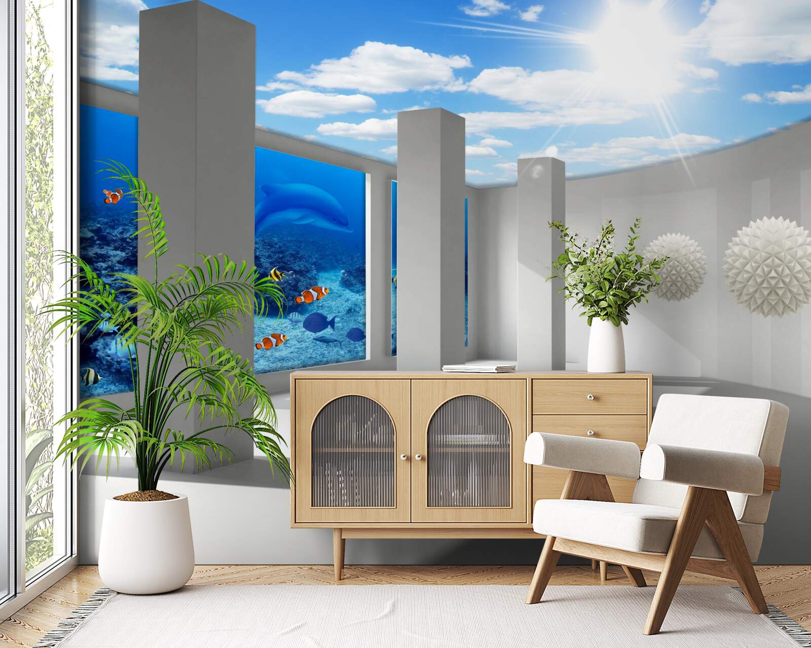 Papier peint Des sphères blanches tournent autour de l'aquarium sous le ciel voûté.