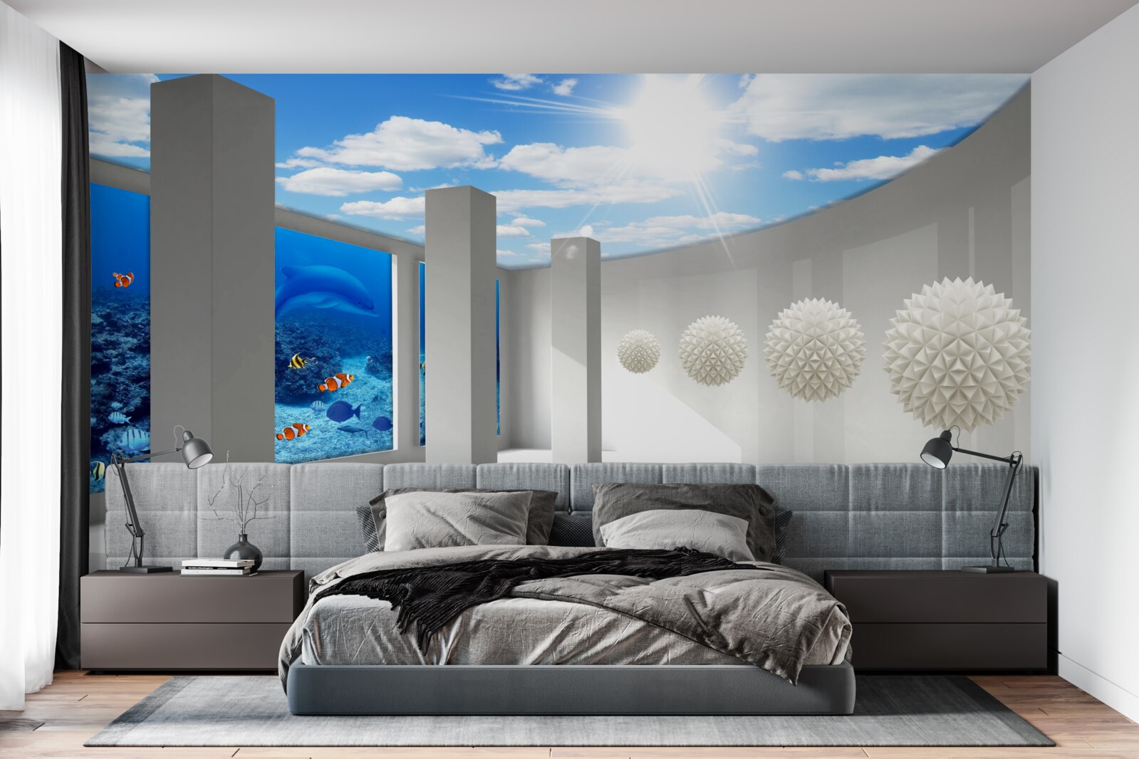 Papier peint Des sphères blanches tournent autour de l'aquarium sous le ciel voûté.