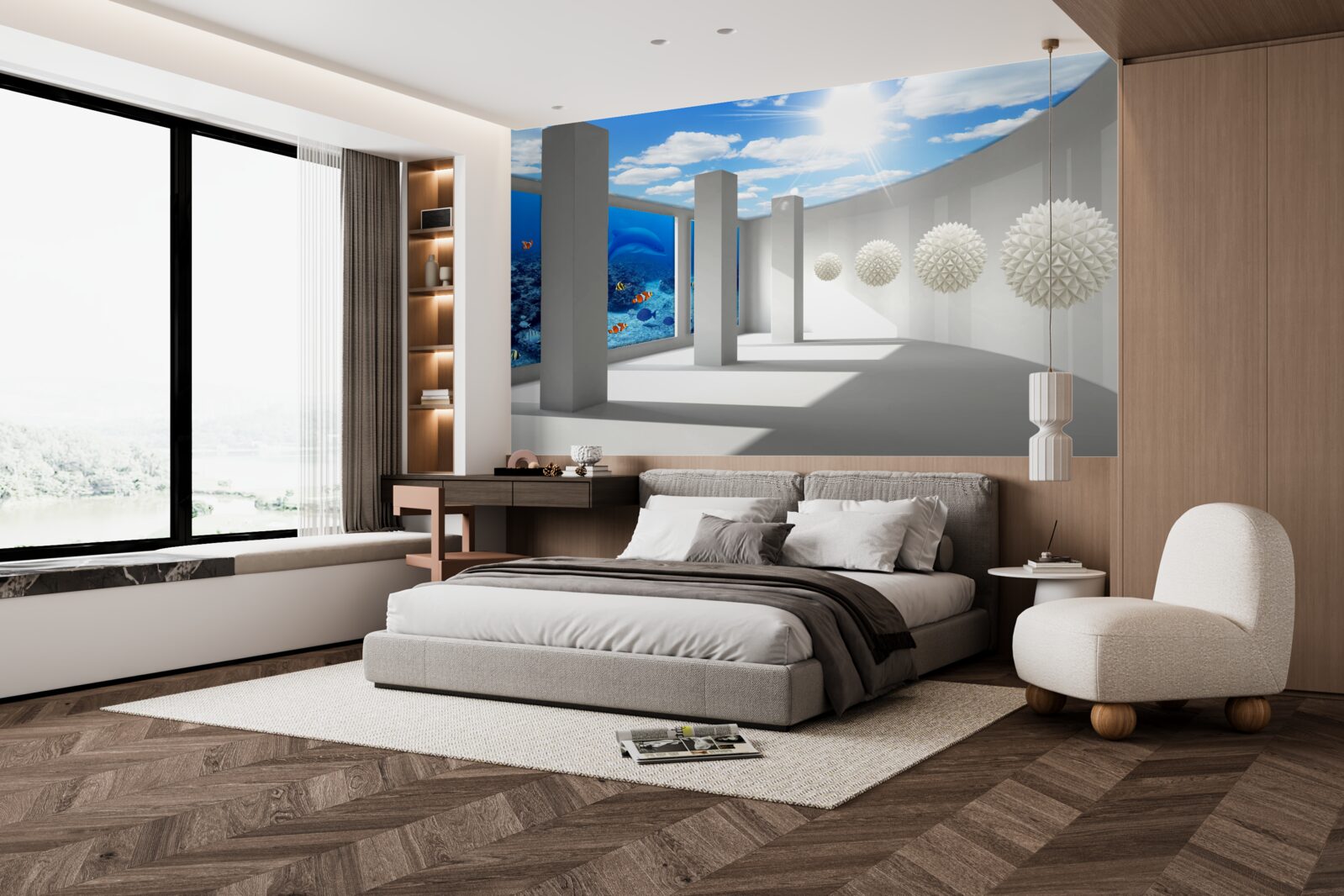 Papier peint Des sphères blanches tournent autour de l'aquarium sous le ciel voûté.