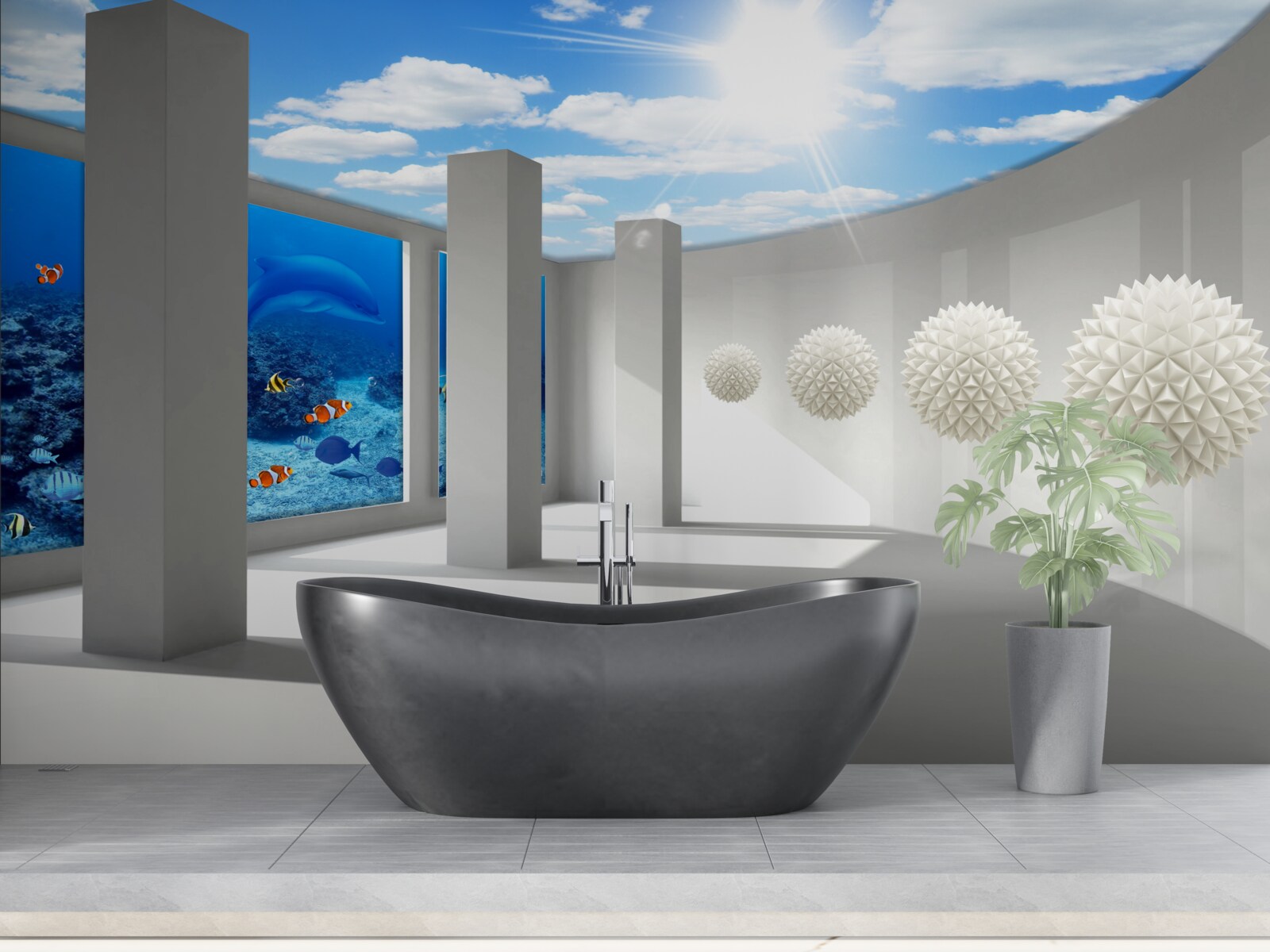 Papier peint Des sphères blanches tournent autour de l'aquarium sous le ciel voûté.