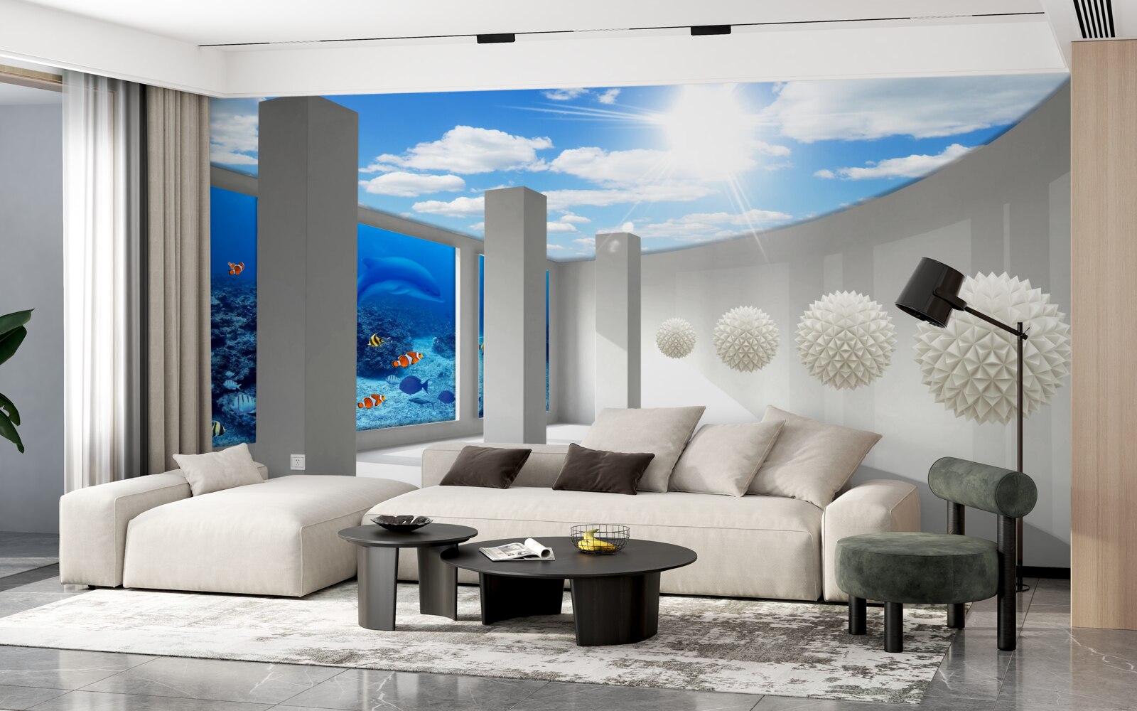 Papier peint Des sphères blanches tournent autour de l'aquarium sous le ciel voûté.