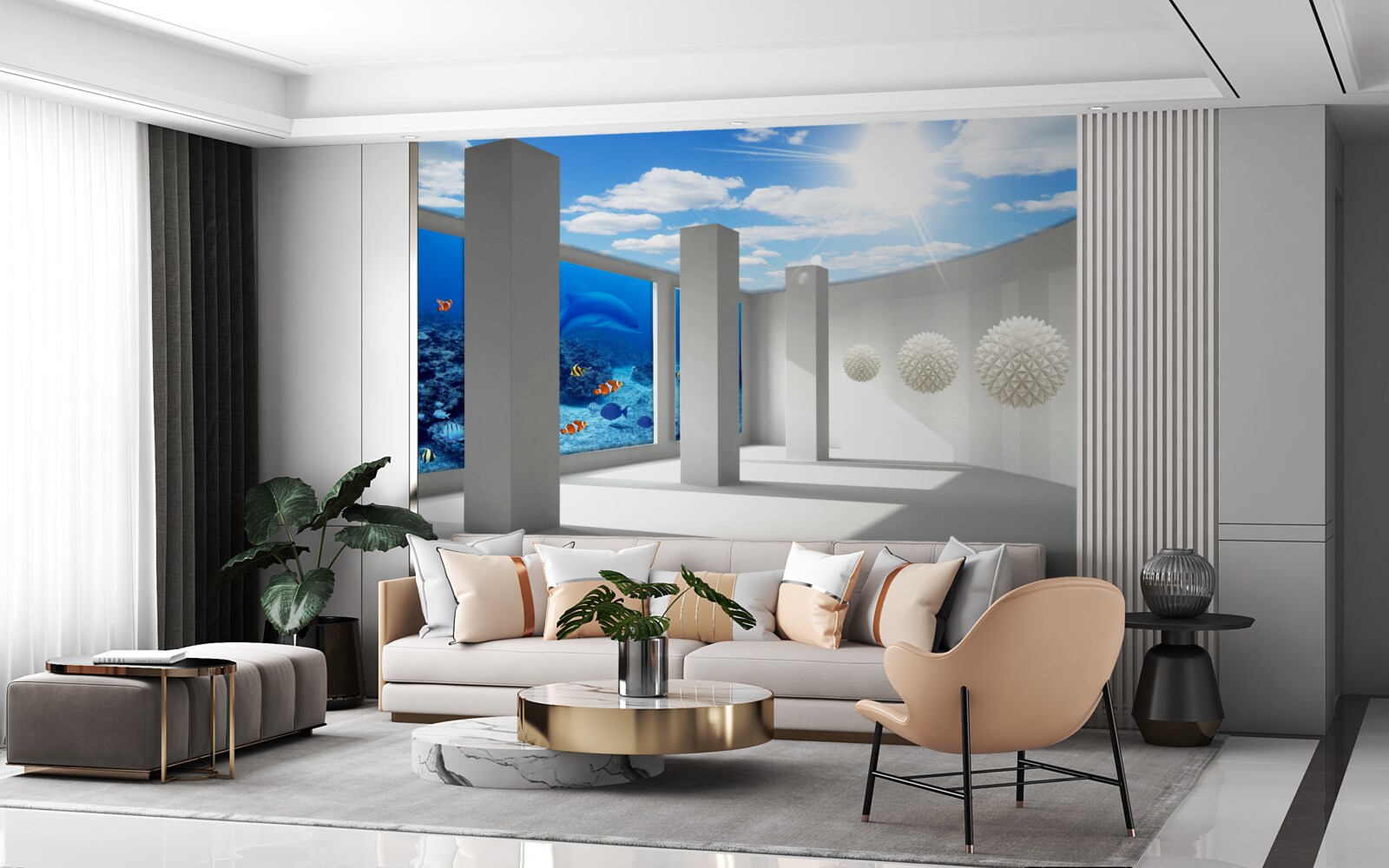 Papier peint Des sphères blanches tournent autour de l'aquarium sous le ciel voûté.